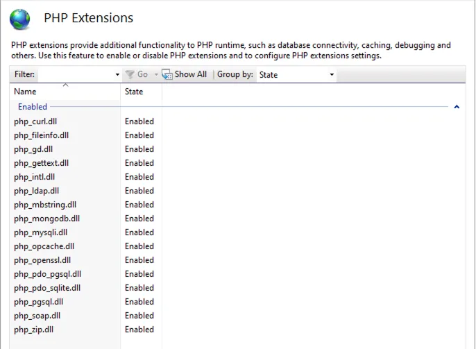 Beispiel für aktivierte PHP-Erweiterungen