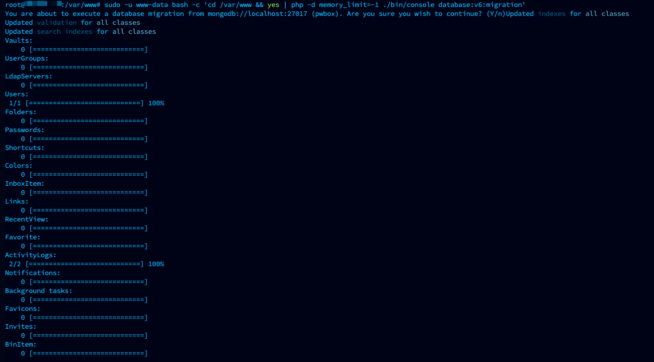 Ejemplo de inicio y ejecución de la migración de objetos de la base de datos