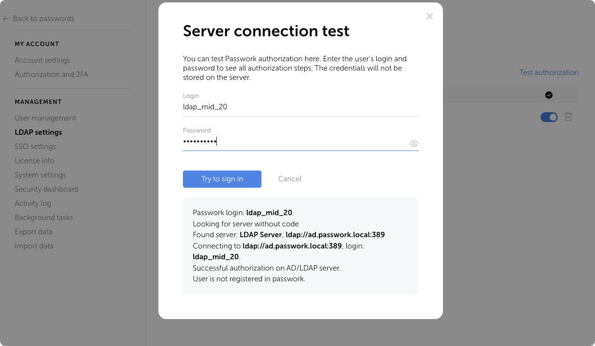 Example of performing a test authorization as an LDAP user