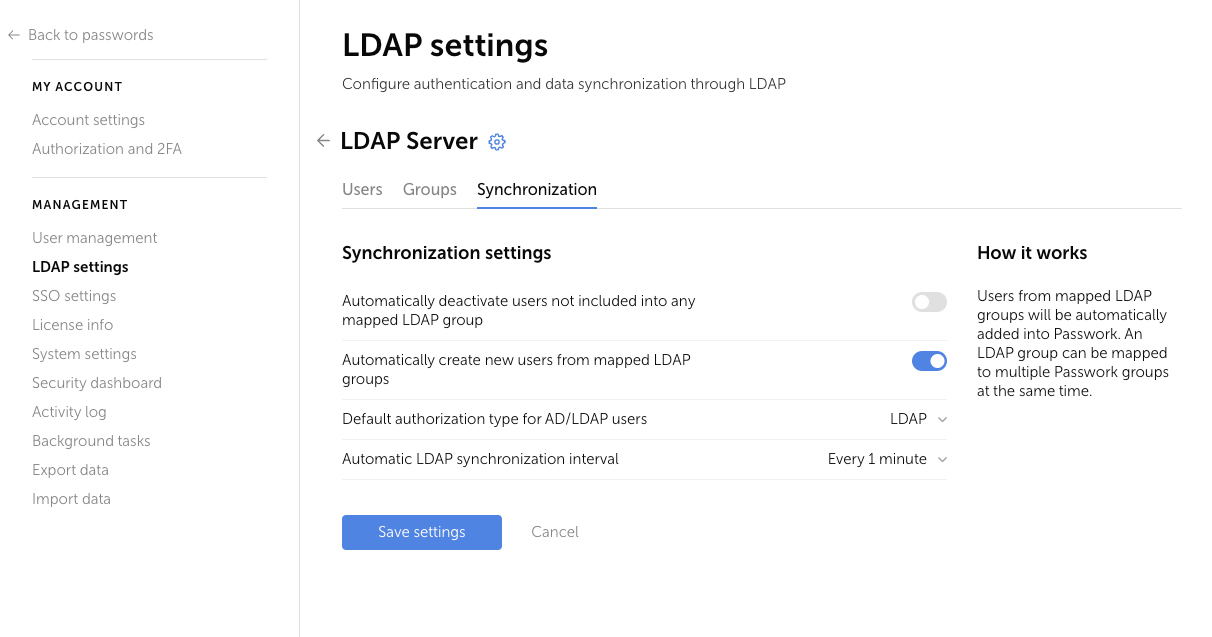 Synchronization tab settings