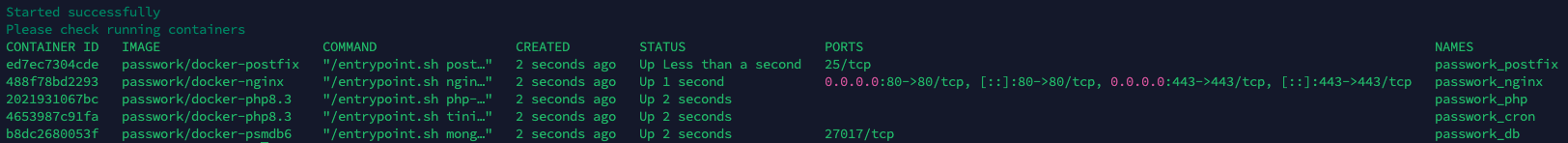 Output of correct Passwork installation in Docker