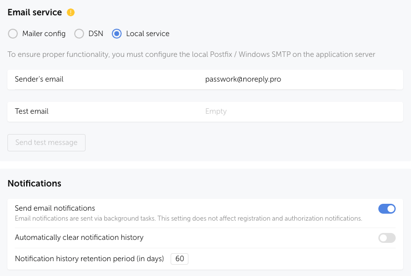 Enabling sending notifications to email addresses