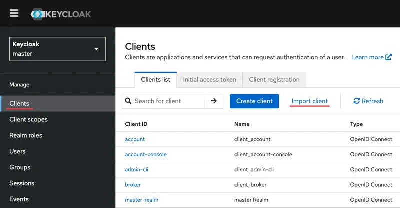 Import .json file to create an application in Keycloak