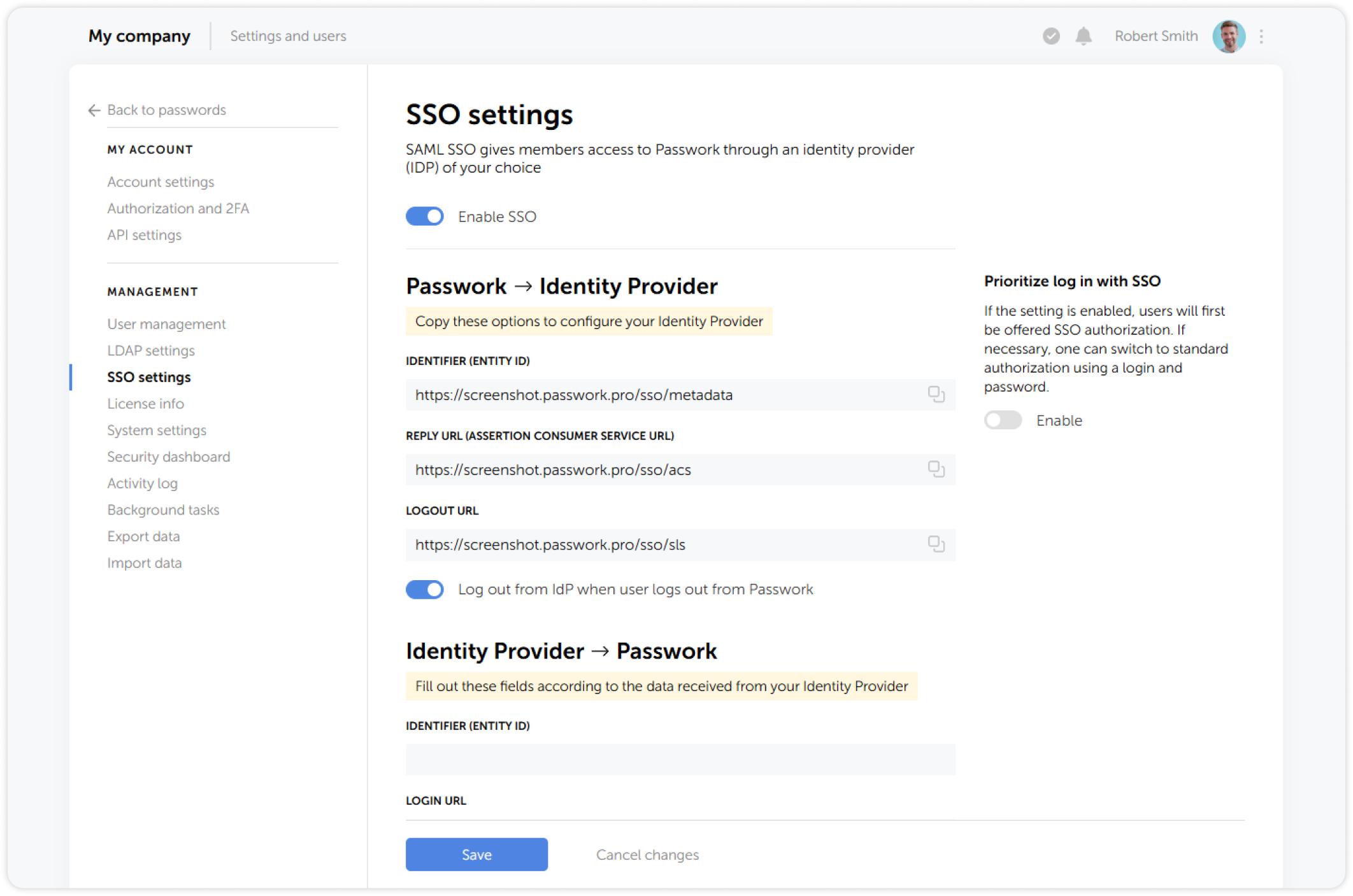 SSO settings page
