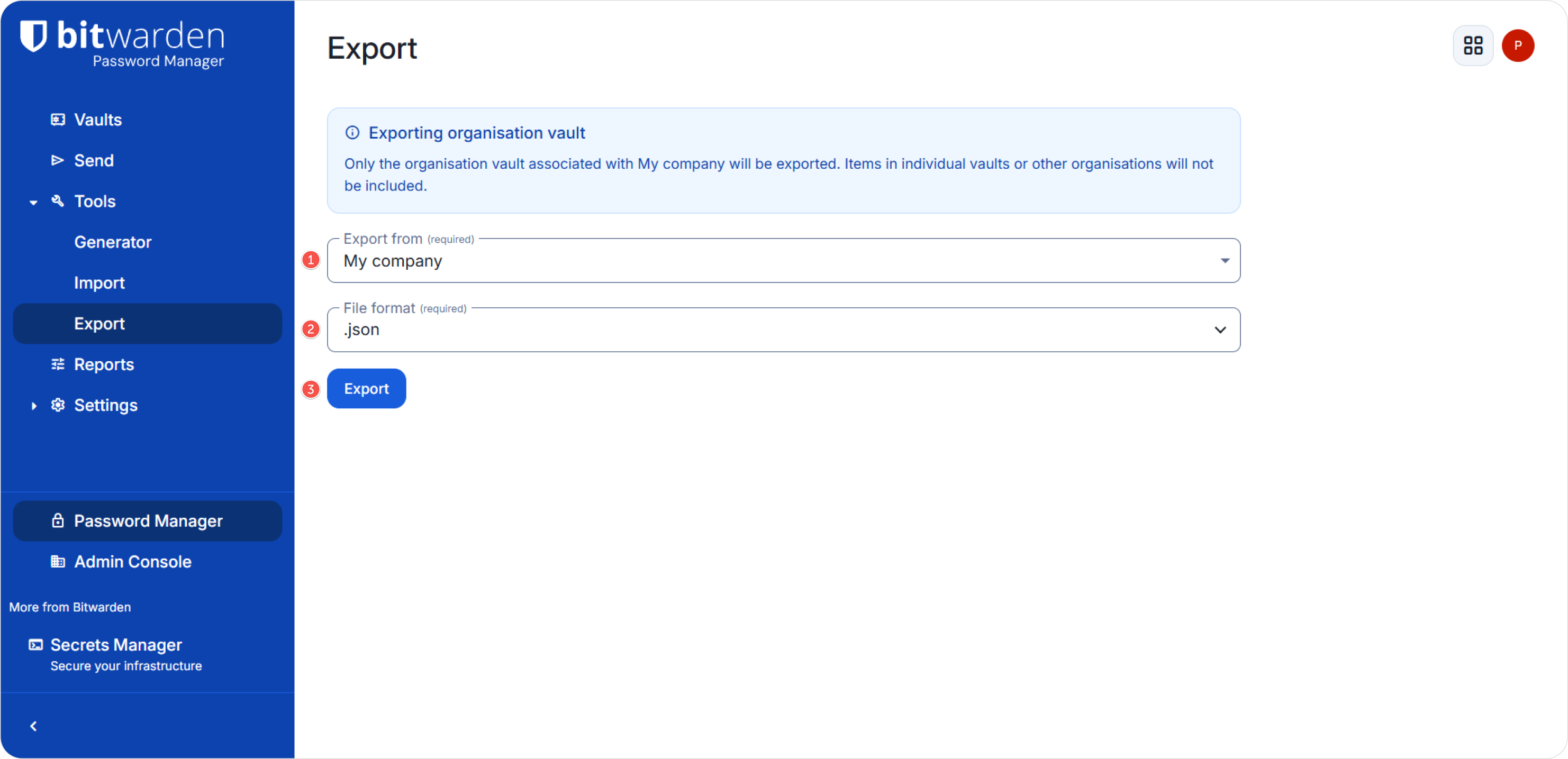 Bitwarden - export data (step 2)