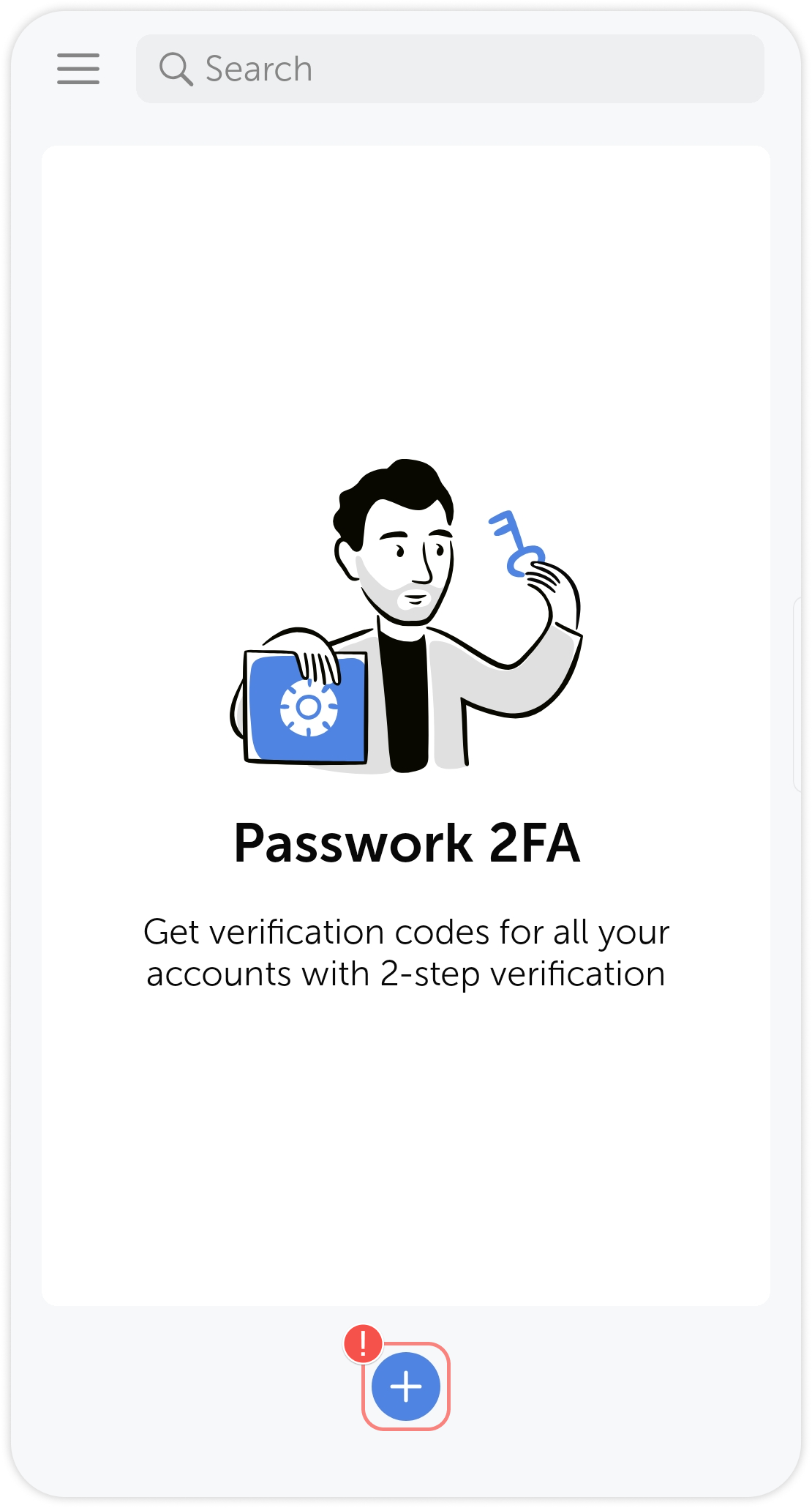Passwork 2FA main screen with plus icon