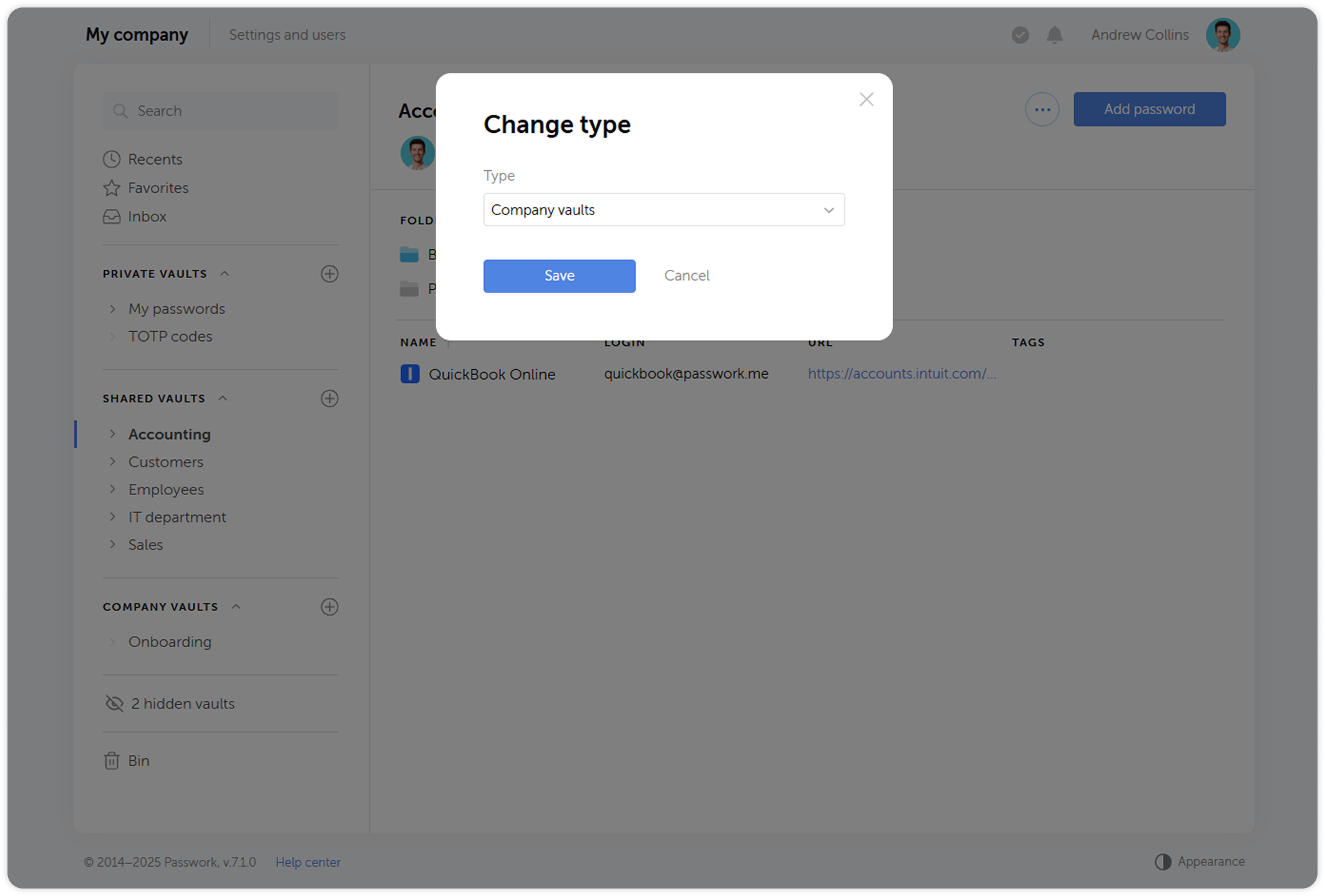 Vault type change dropdown list