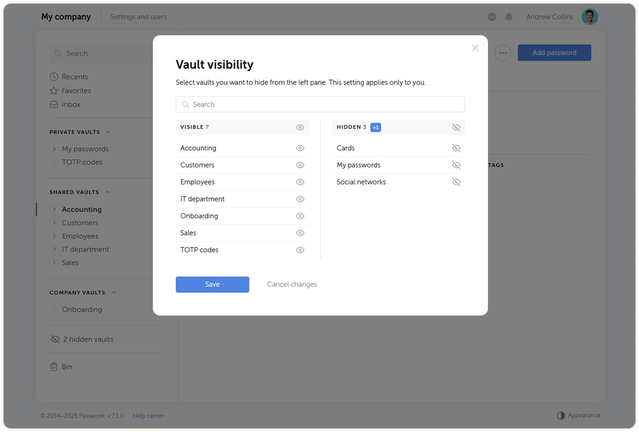 Toggle vault visibility