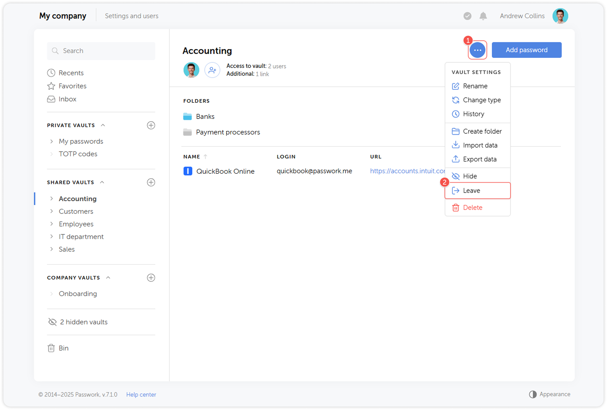 Leave vault confirmation dialog