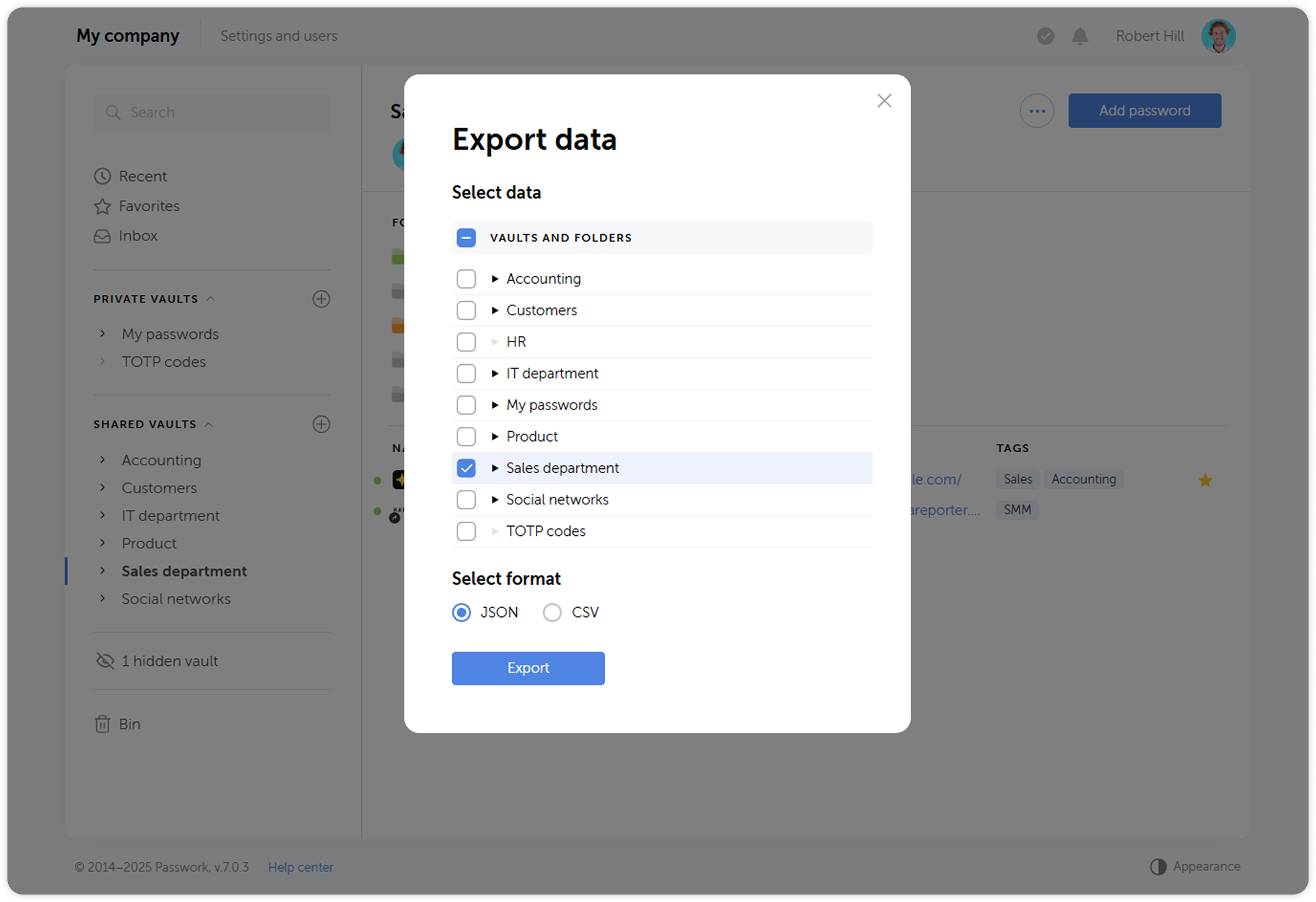 Export data dialog window