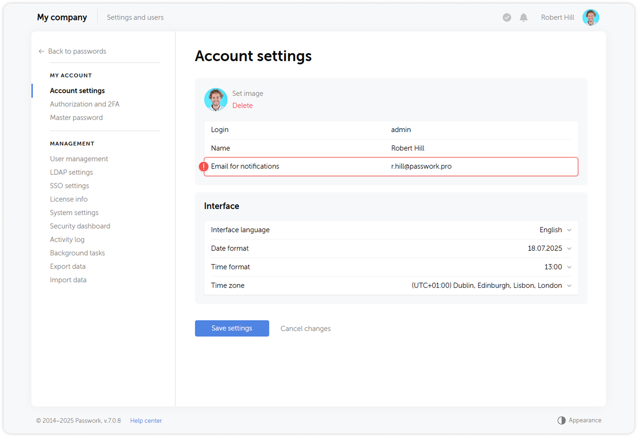 Account settings email configuration