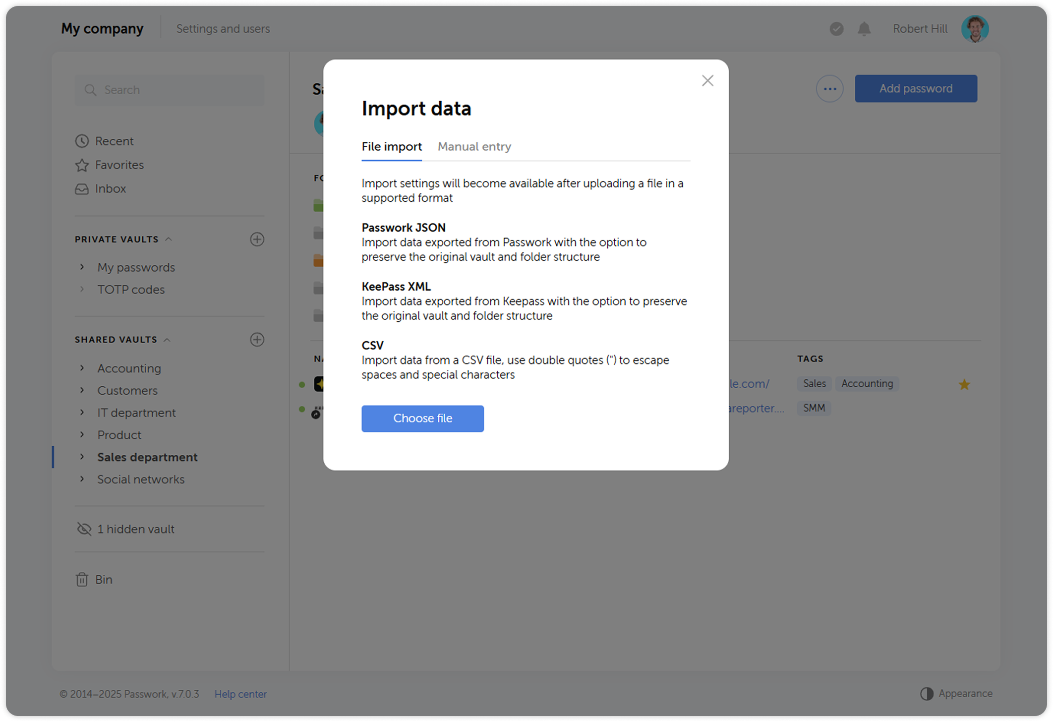 Choose file button in import dialog