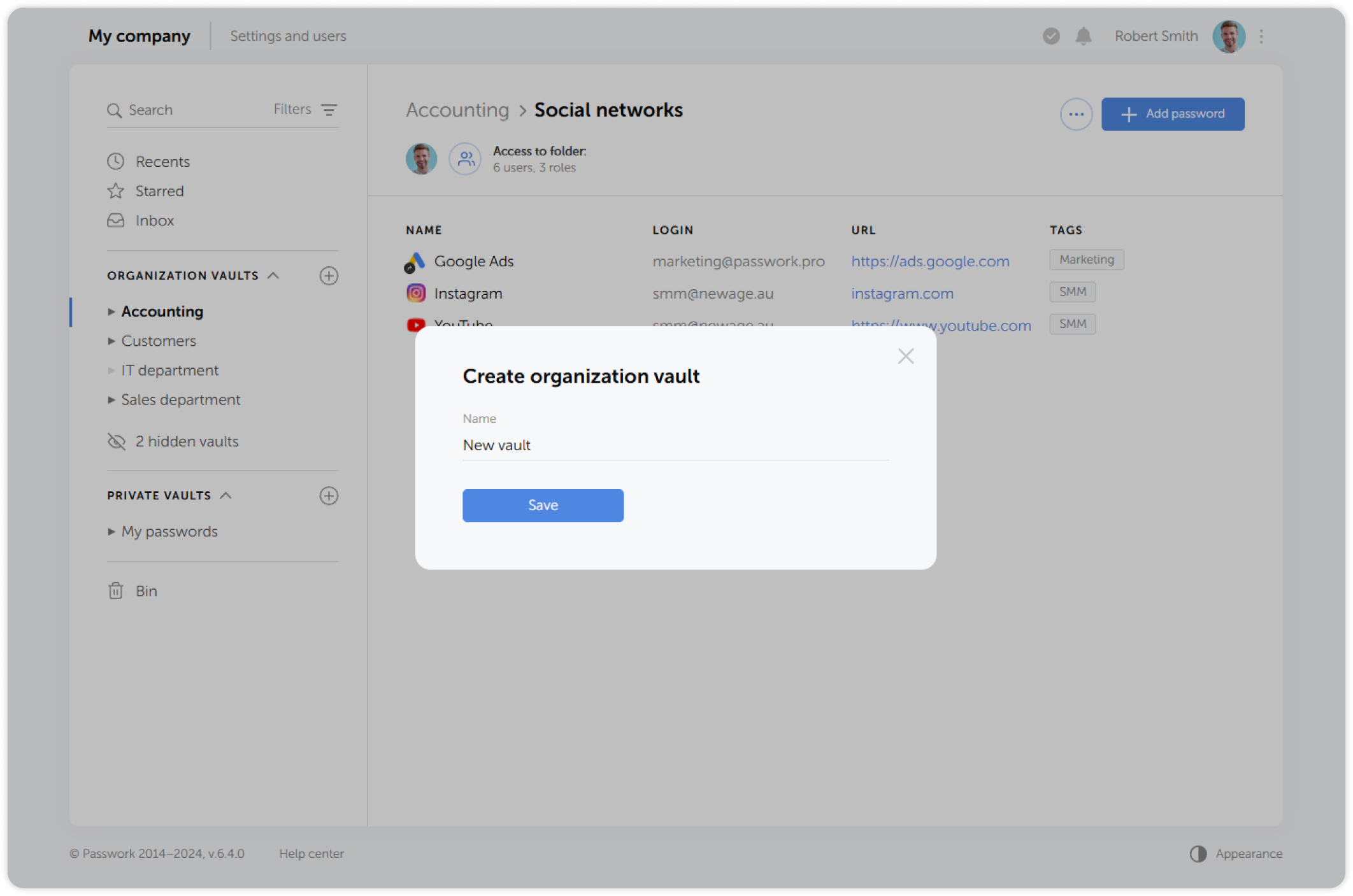 Create vault dialog