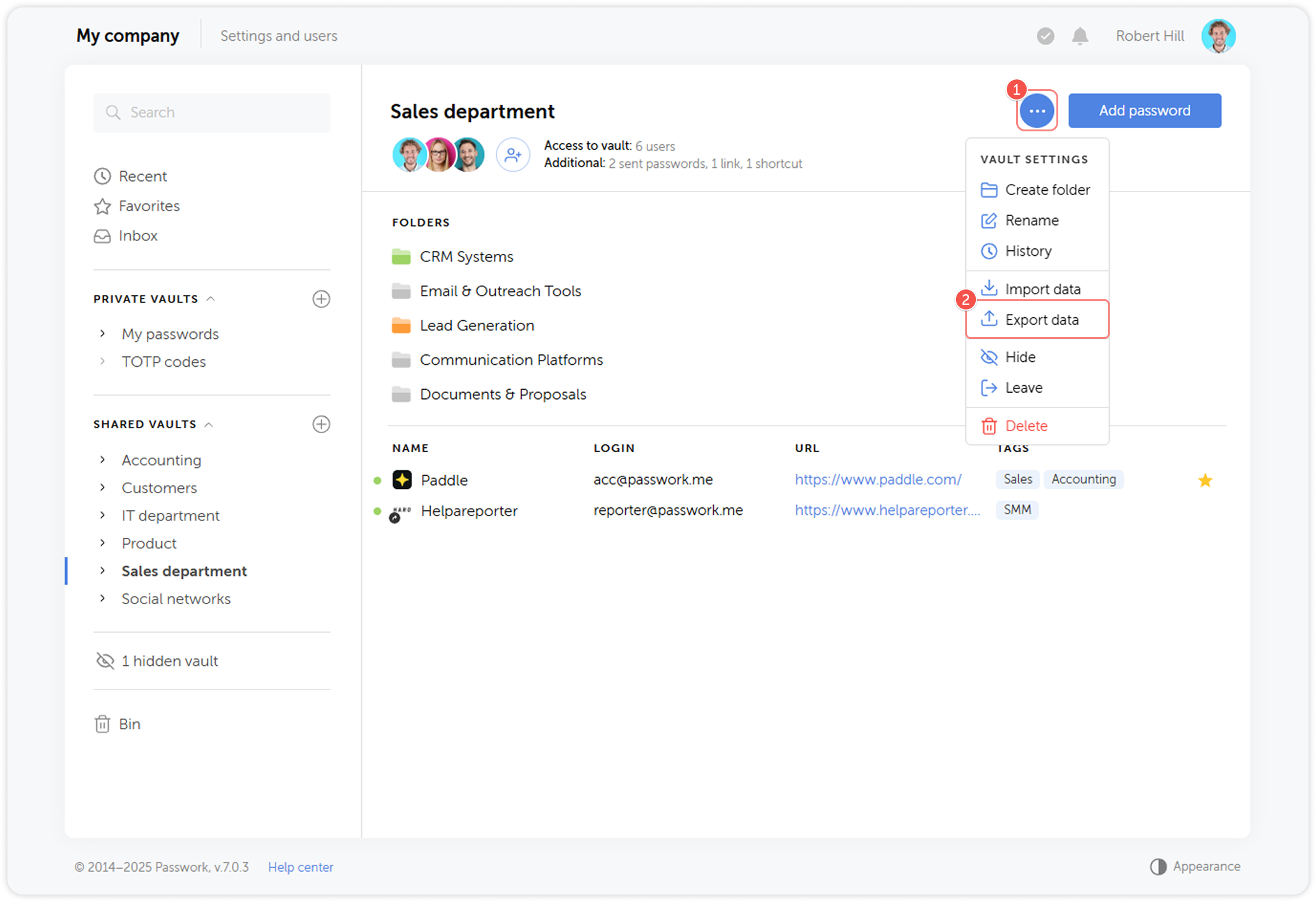 Vault settings export data option