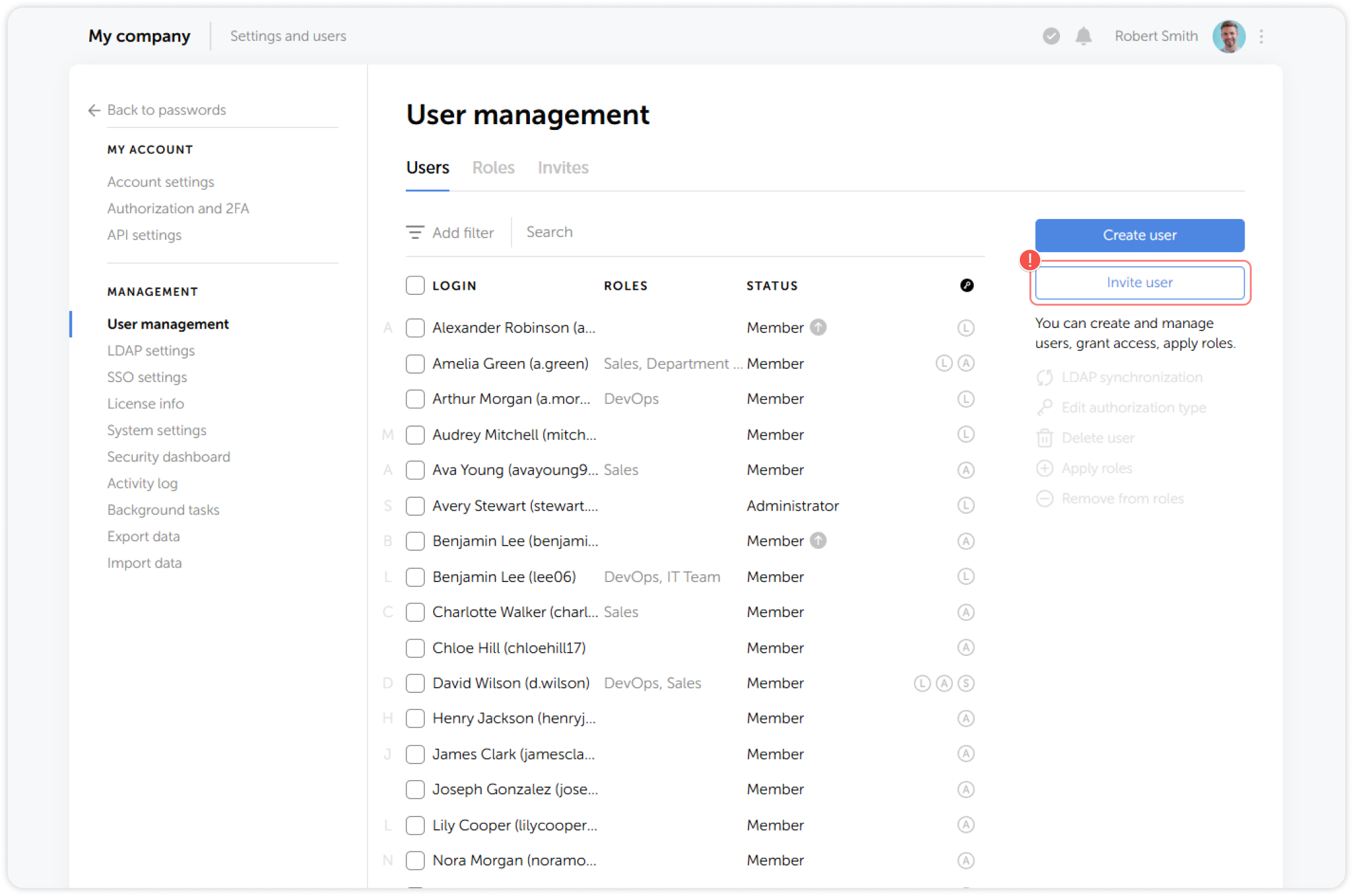 Invite user button
