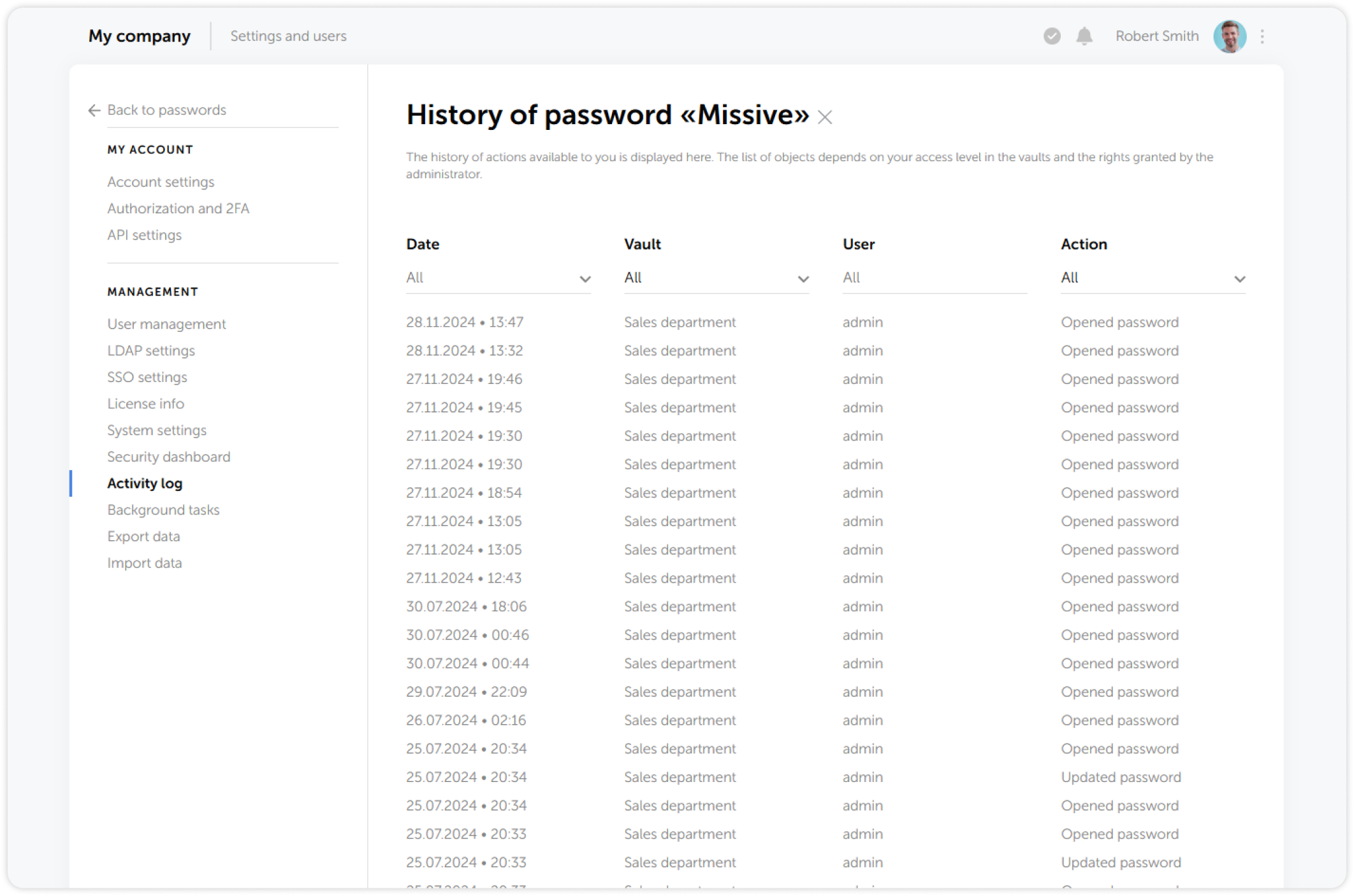 Activity log view