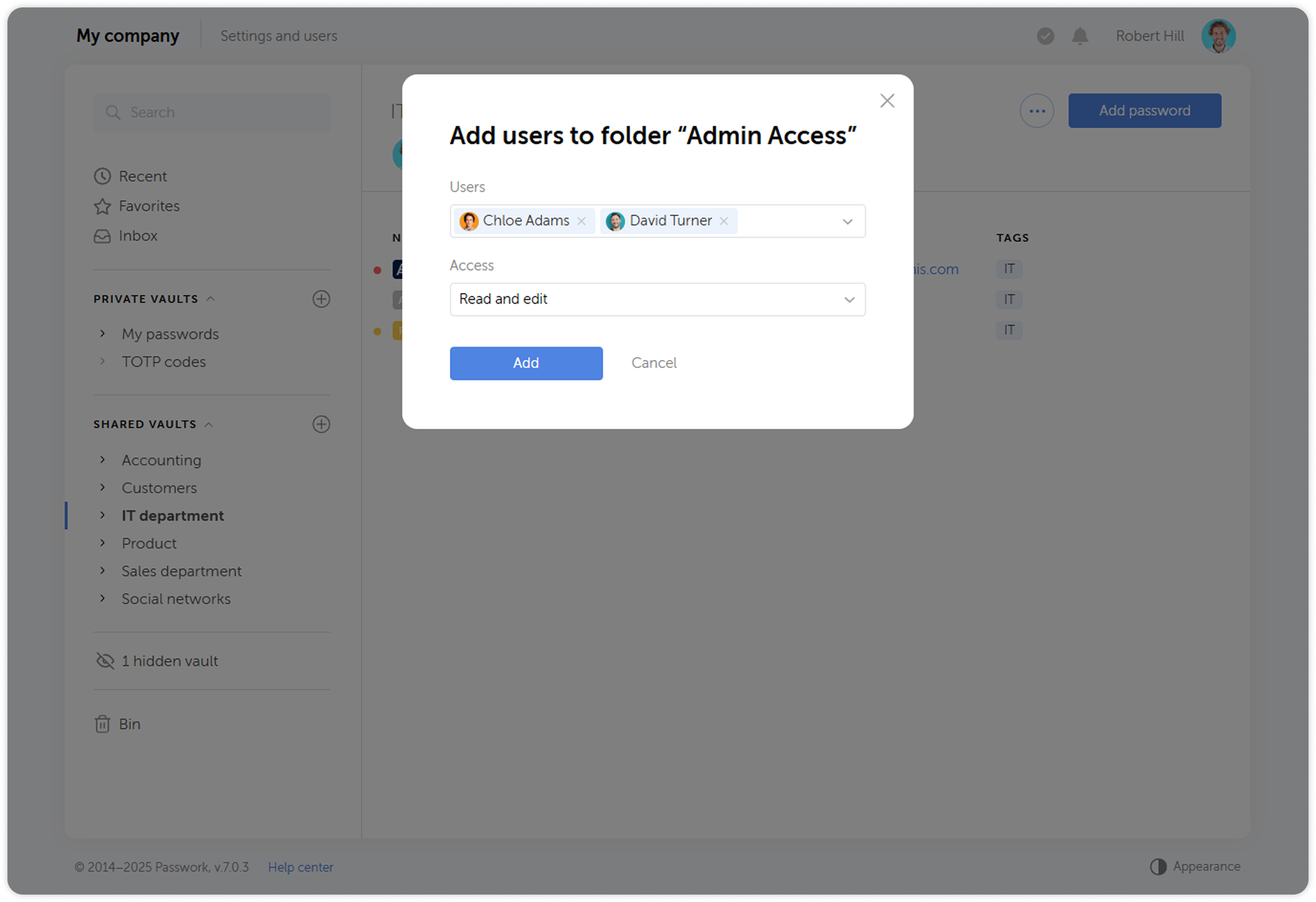 User selection and access level settings