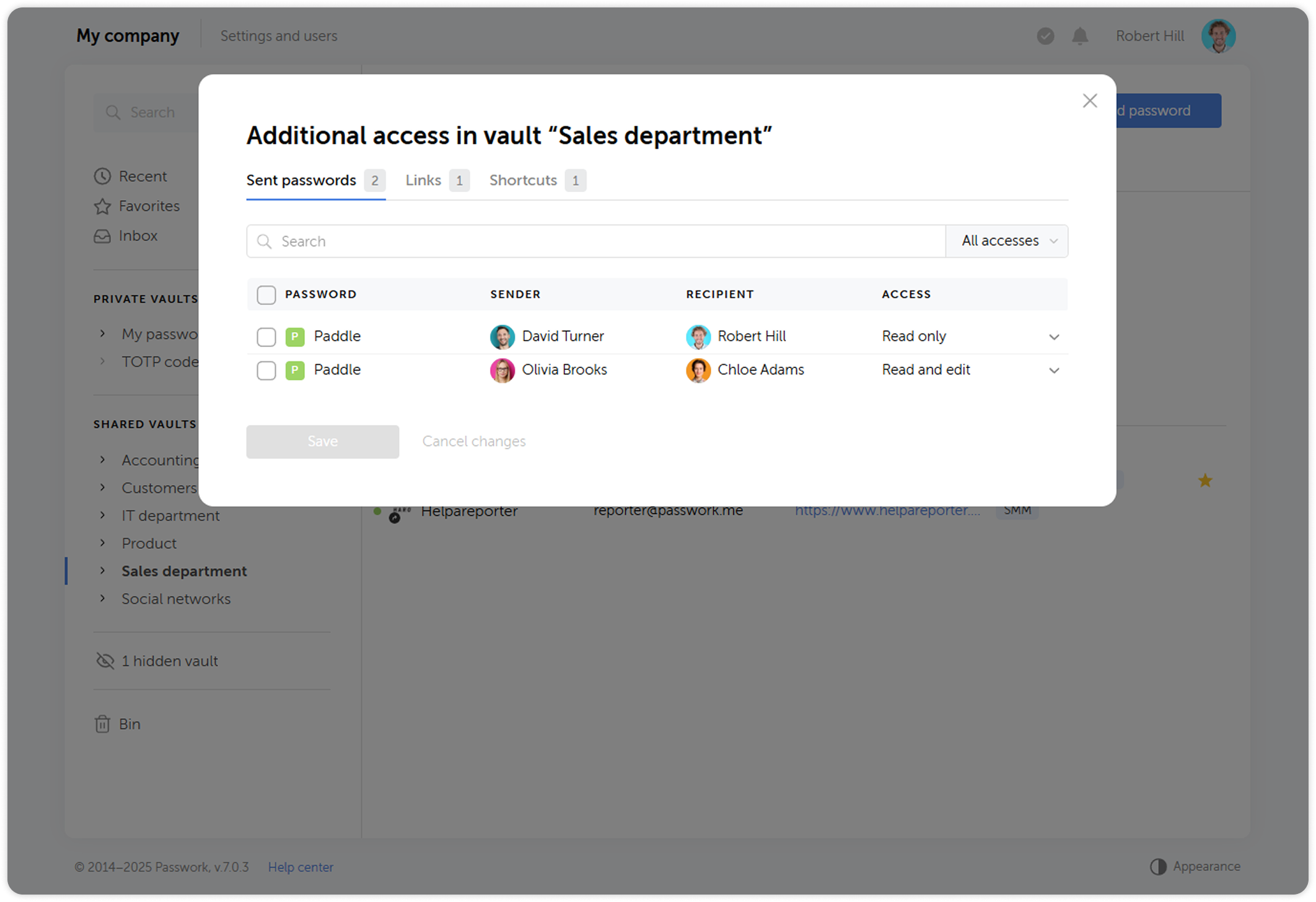 Sent passwords, links and shortcuts