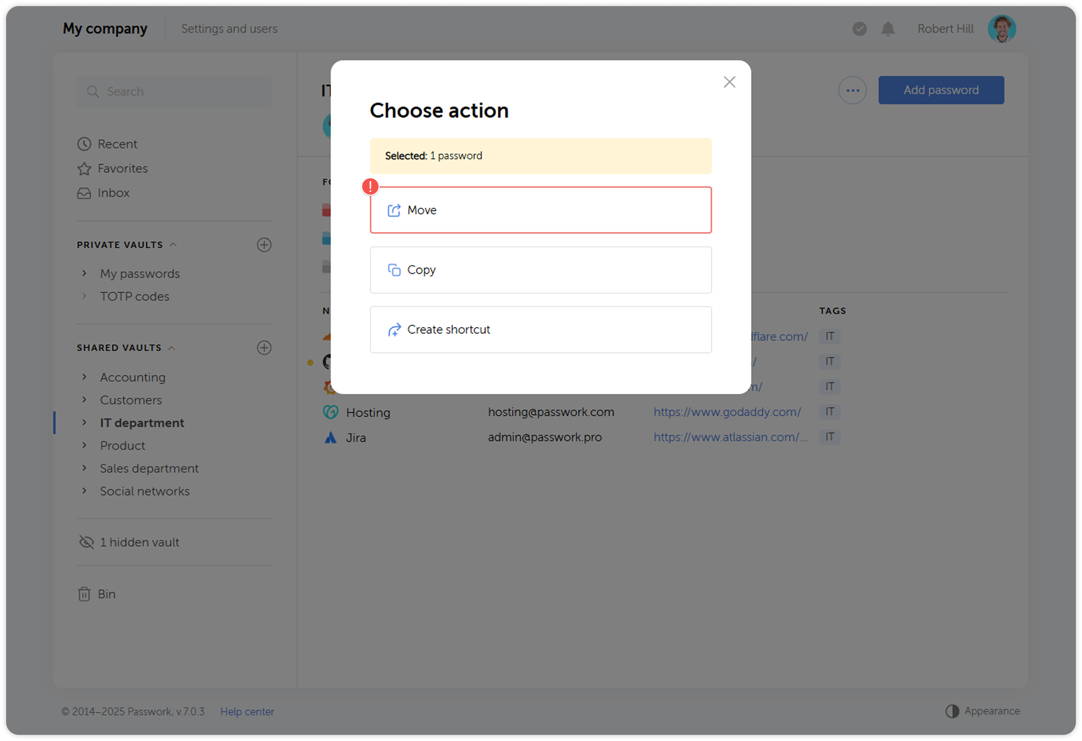 Choose required action for moved password