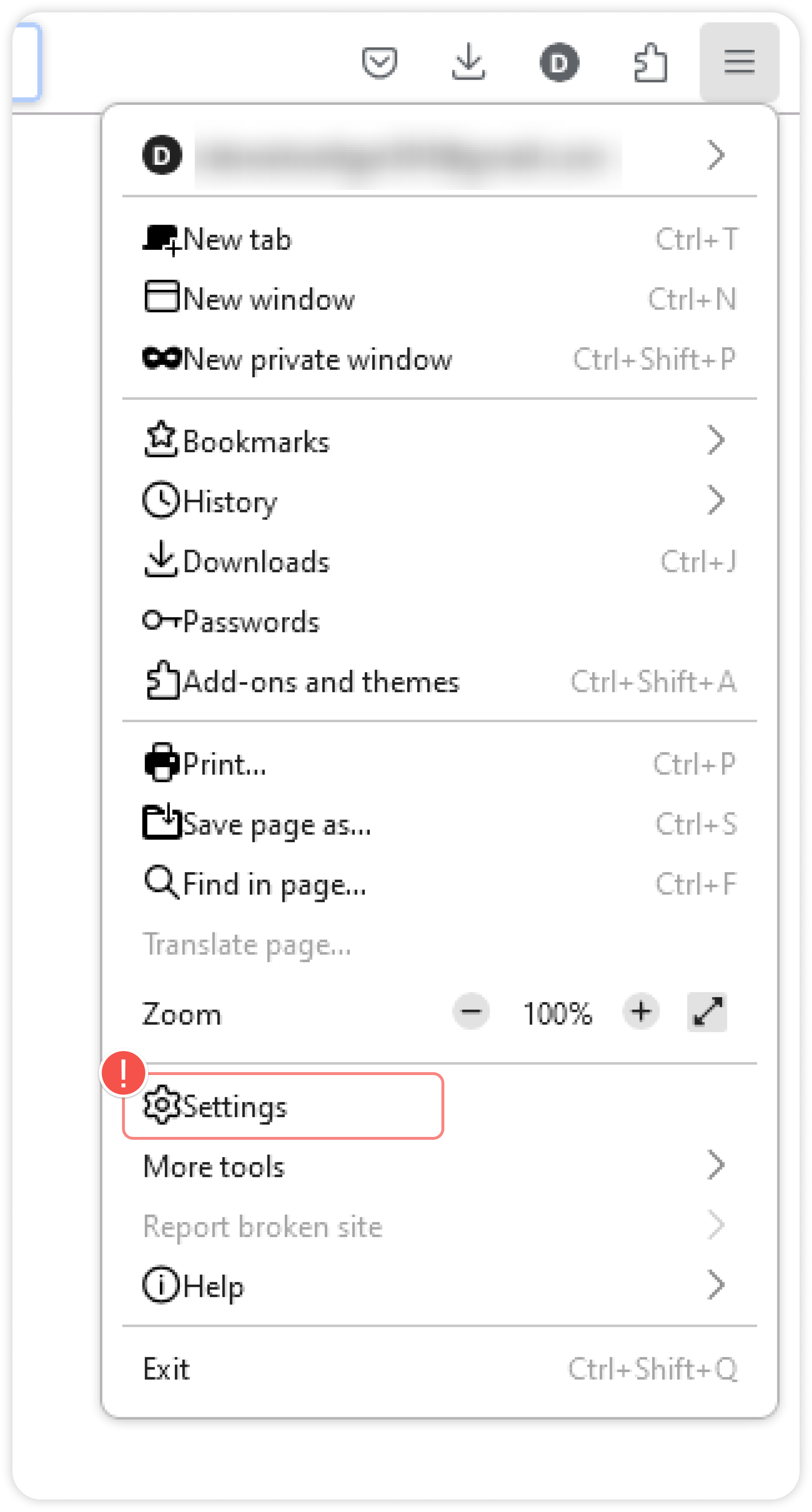 Firefox settings menu