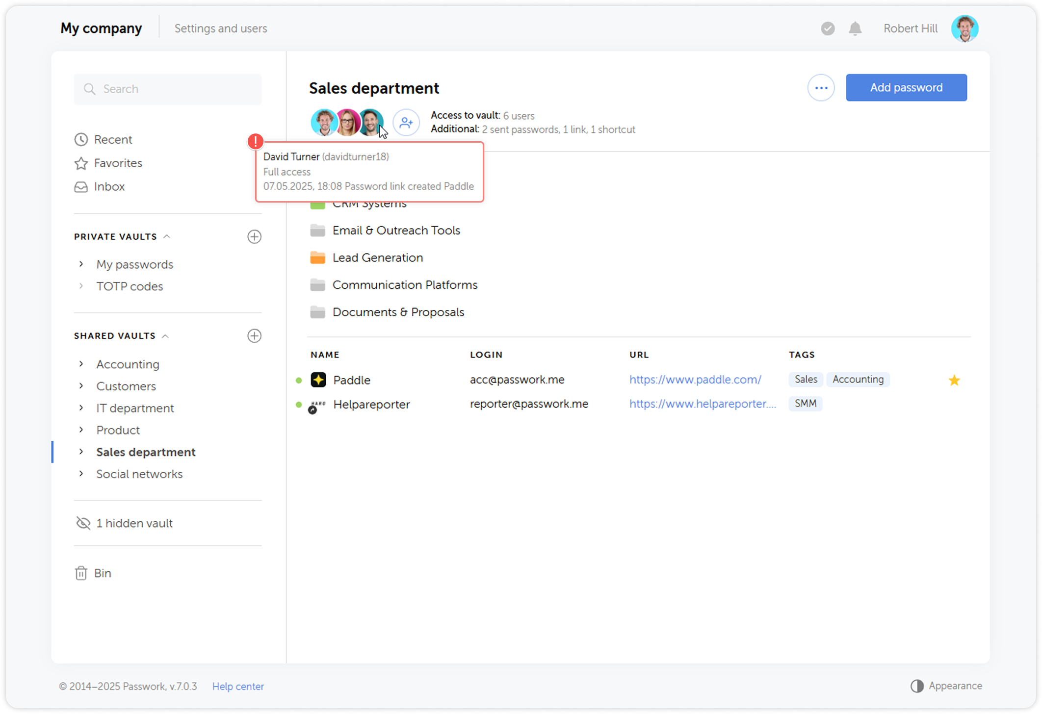 User last action on vault control panel