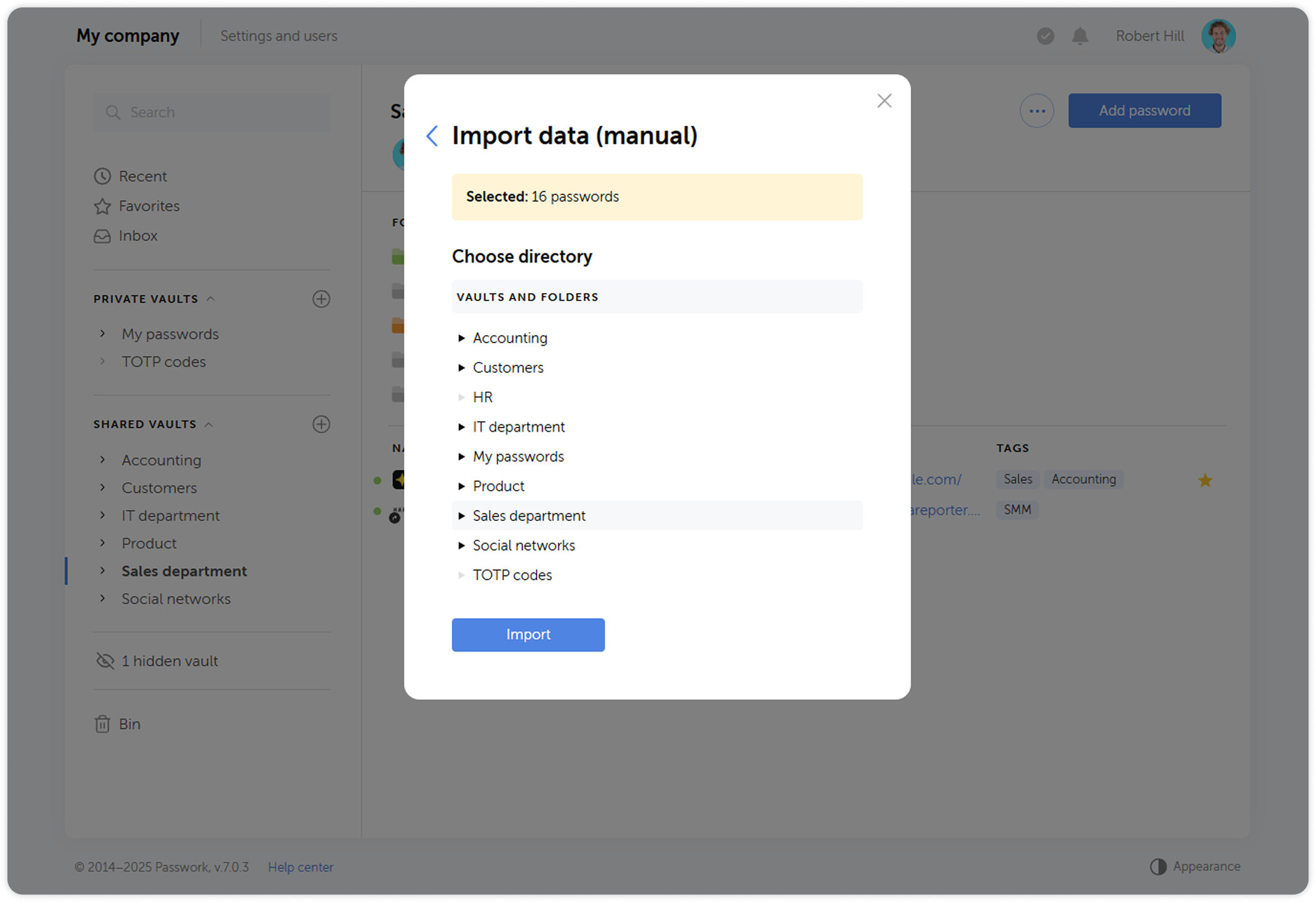 Destination selection for imported data