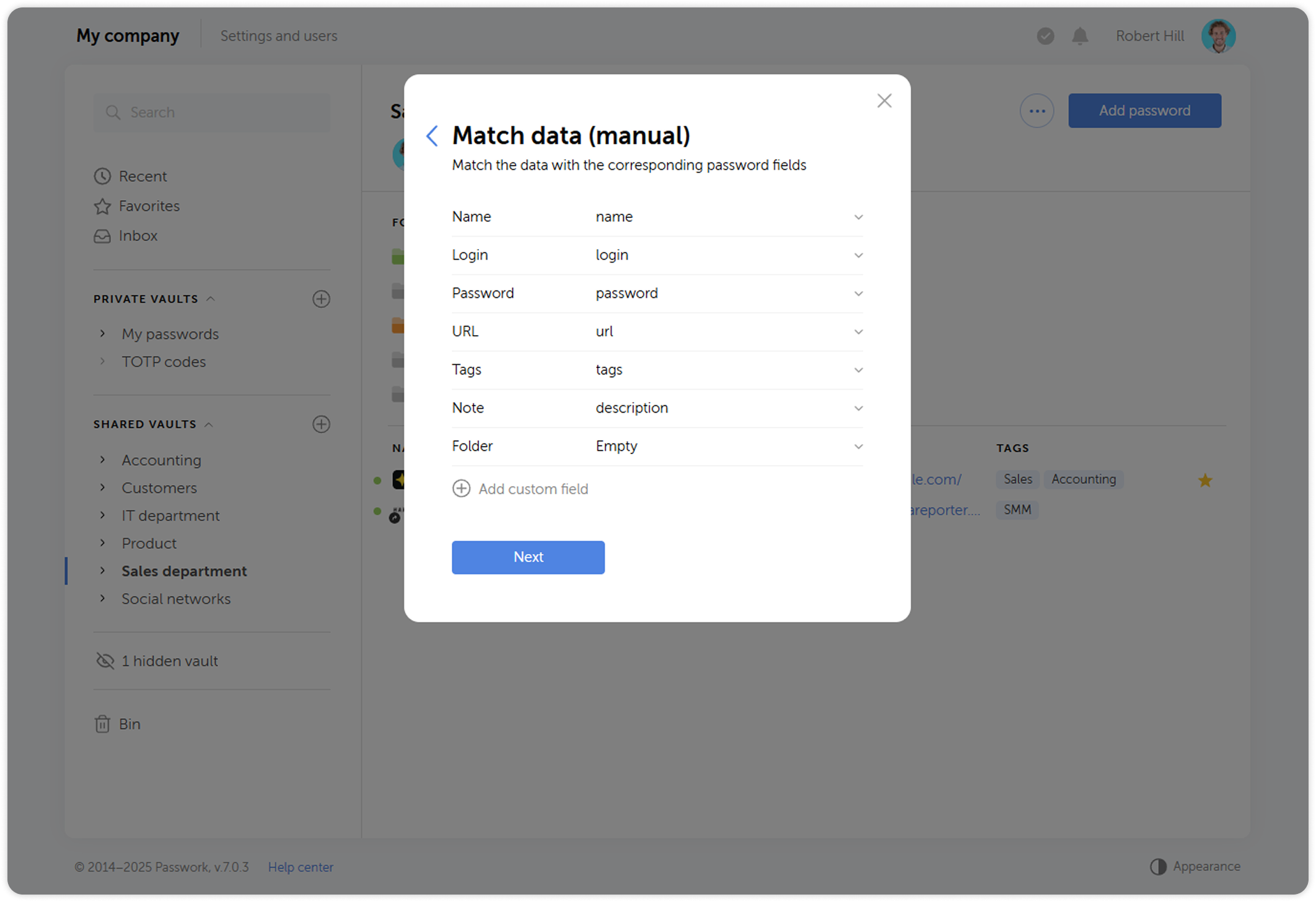 Field matching for password card attributes