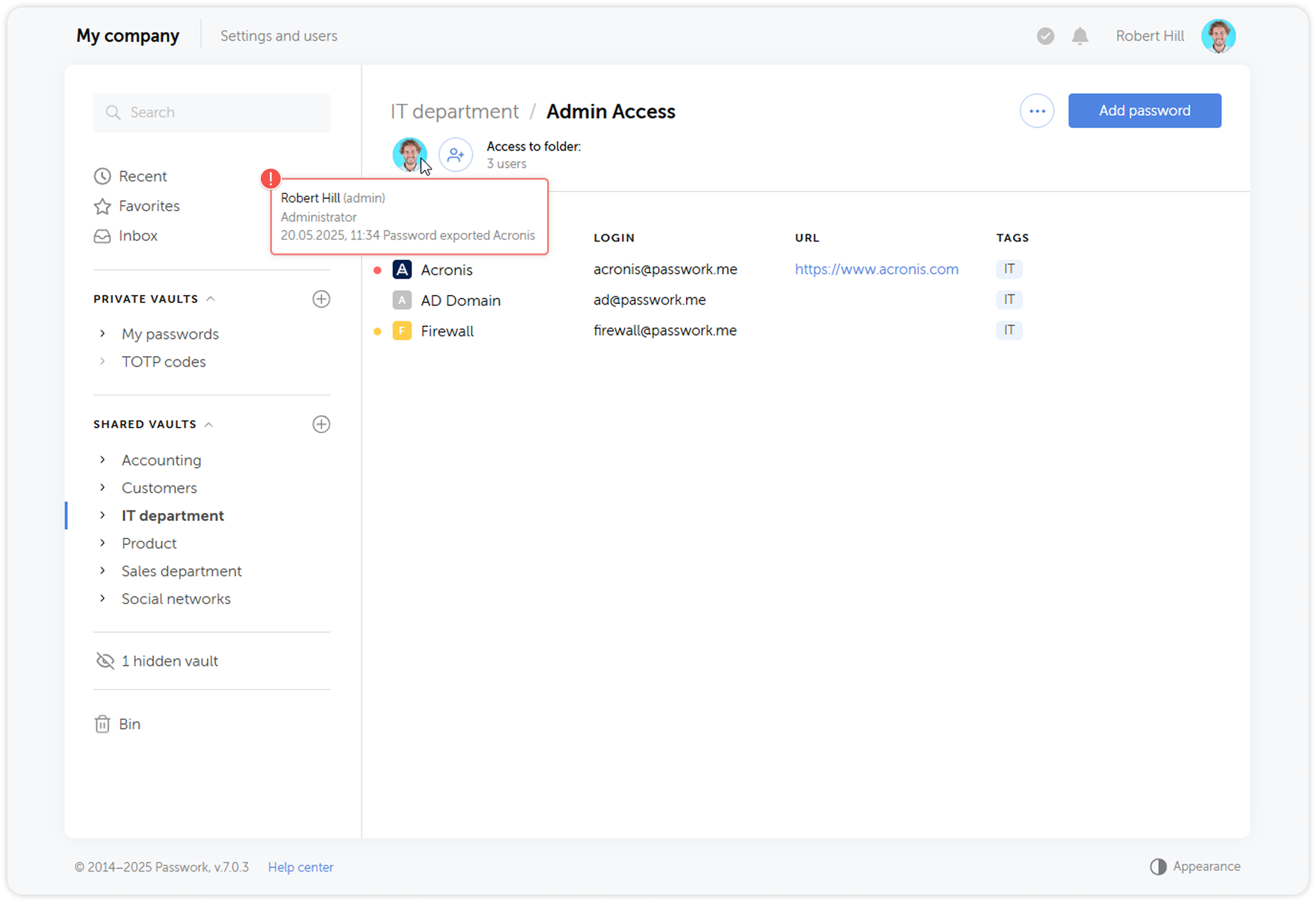 User last action on folder control panel