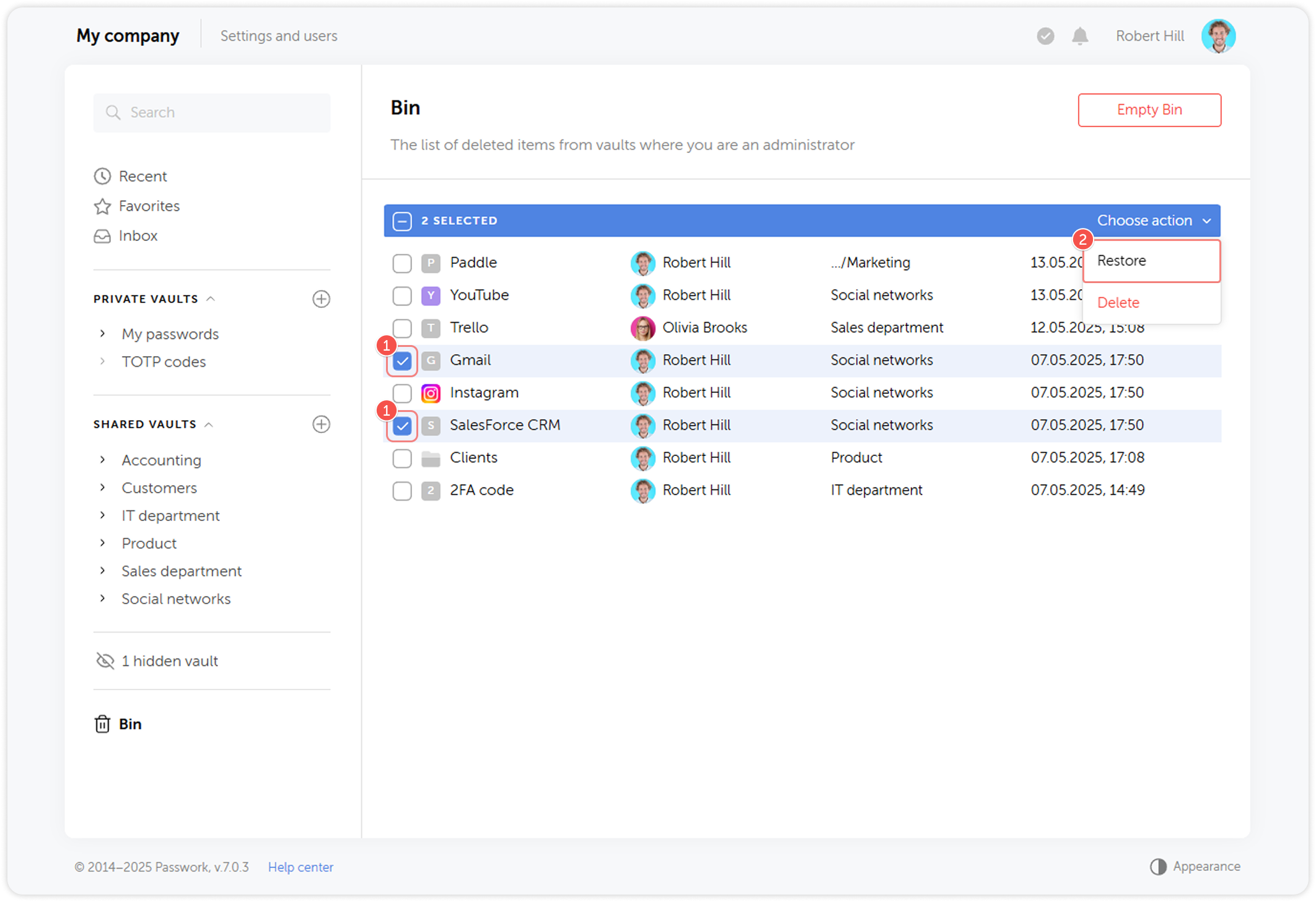Restore items from bin