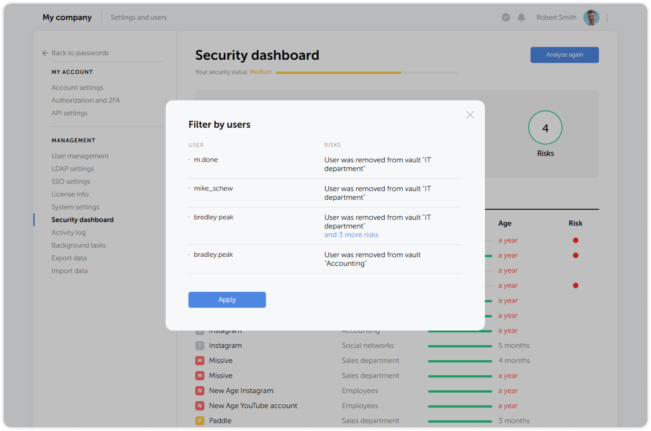 Users filter popup with compromised users