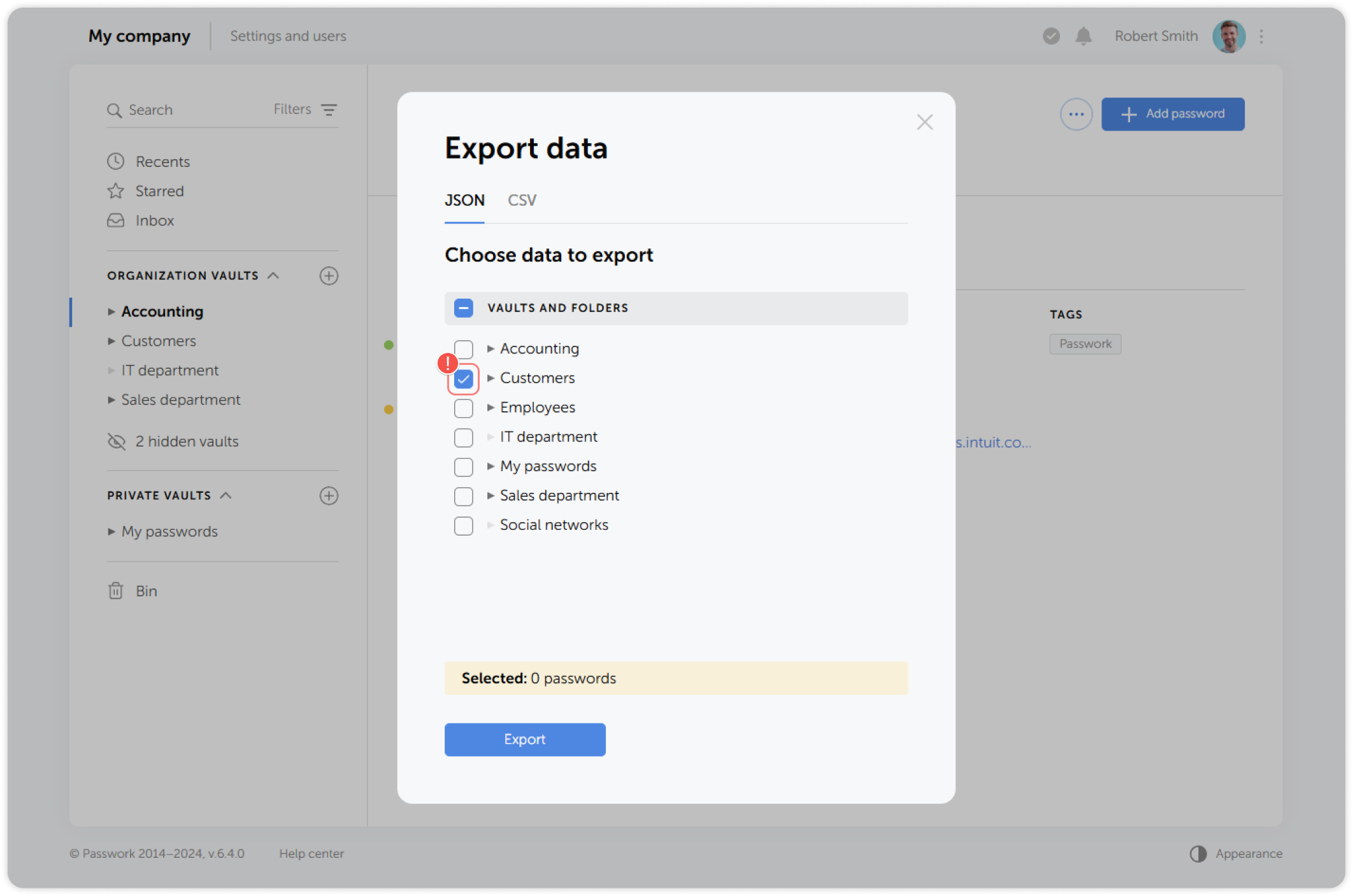 Export format selection