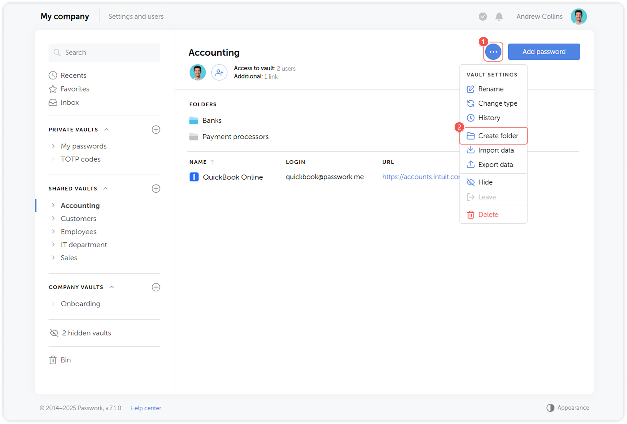 Vault settings menu with Create folder option