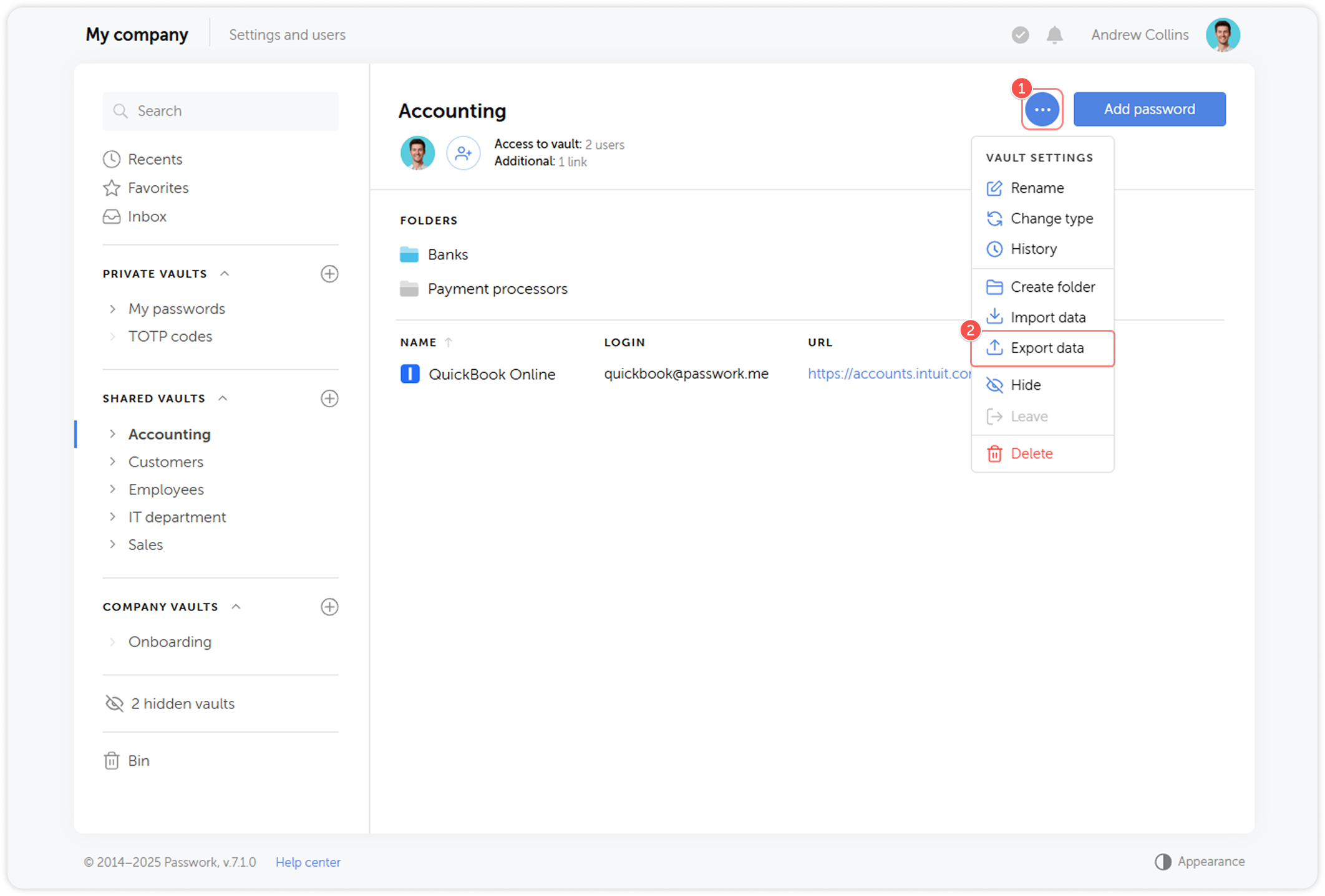 Export data option in vault settings