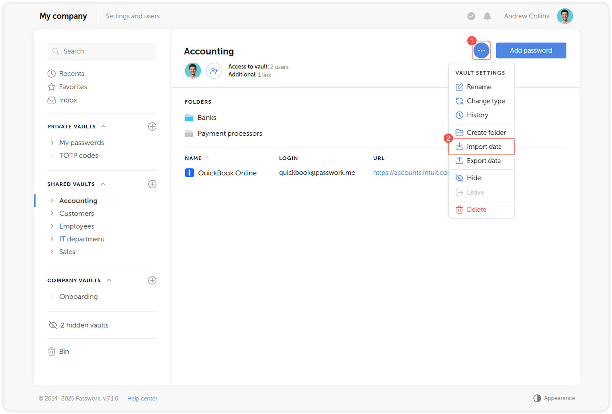 Import data option in vault settings