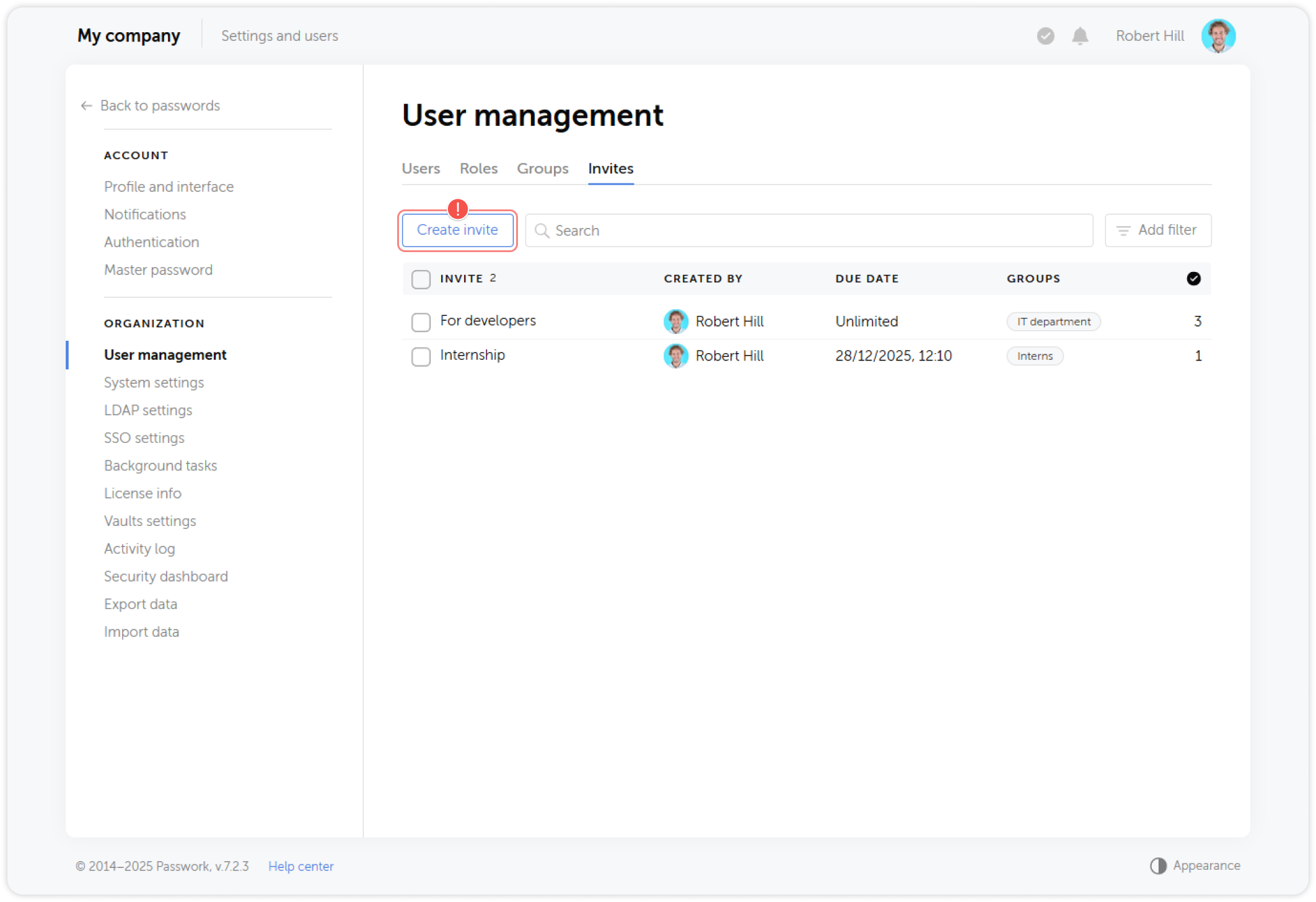 Create invite button