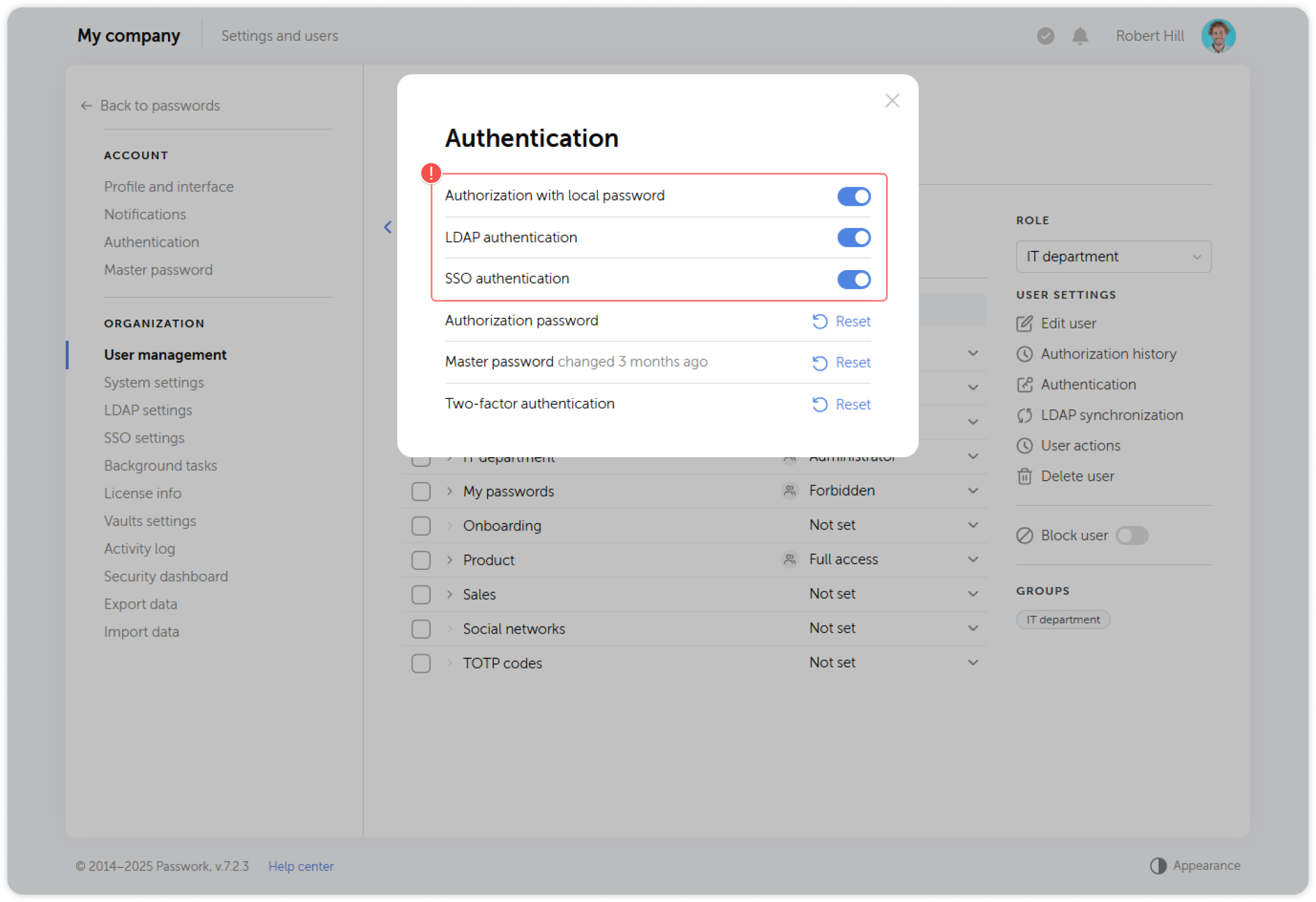 Authorization methods settings