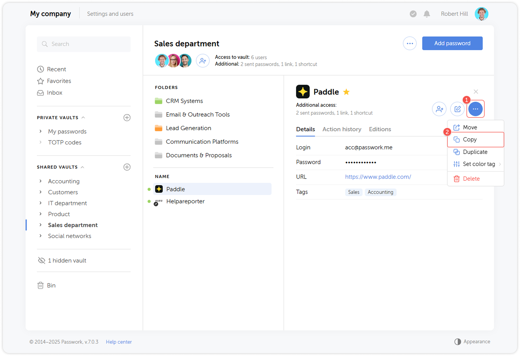 Copy password in password actions menu