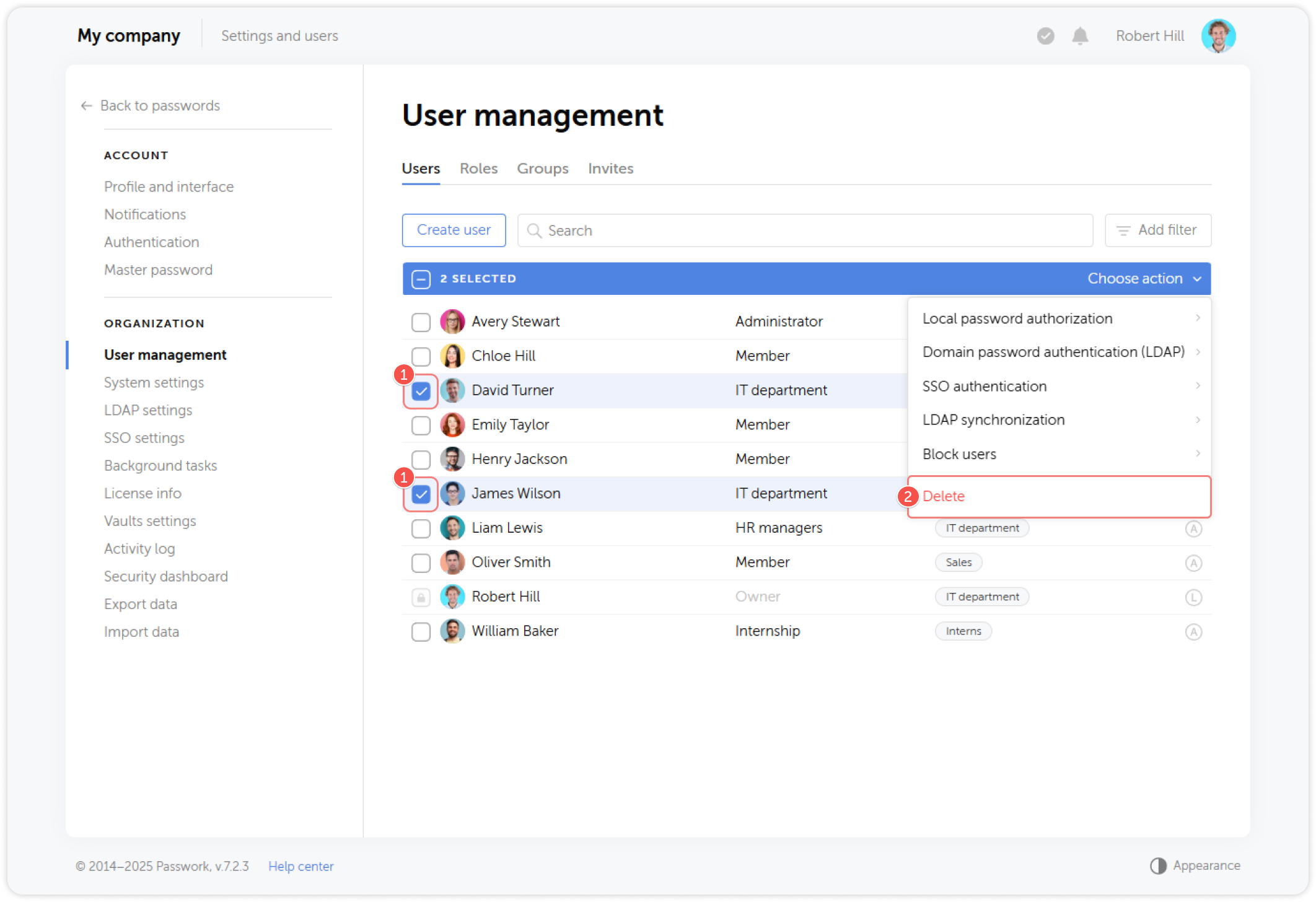 Delete users dropdown menu
