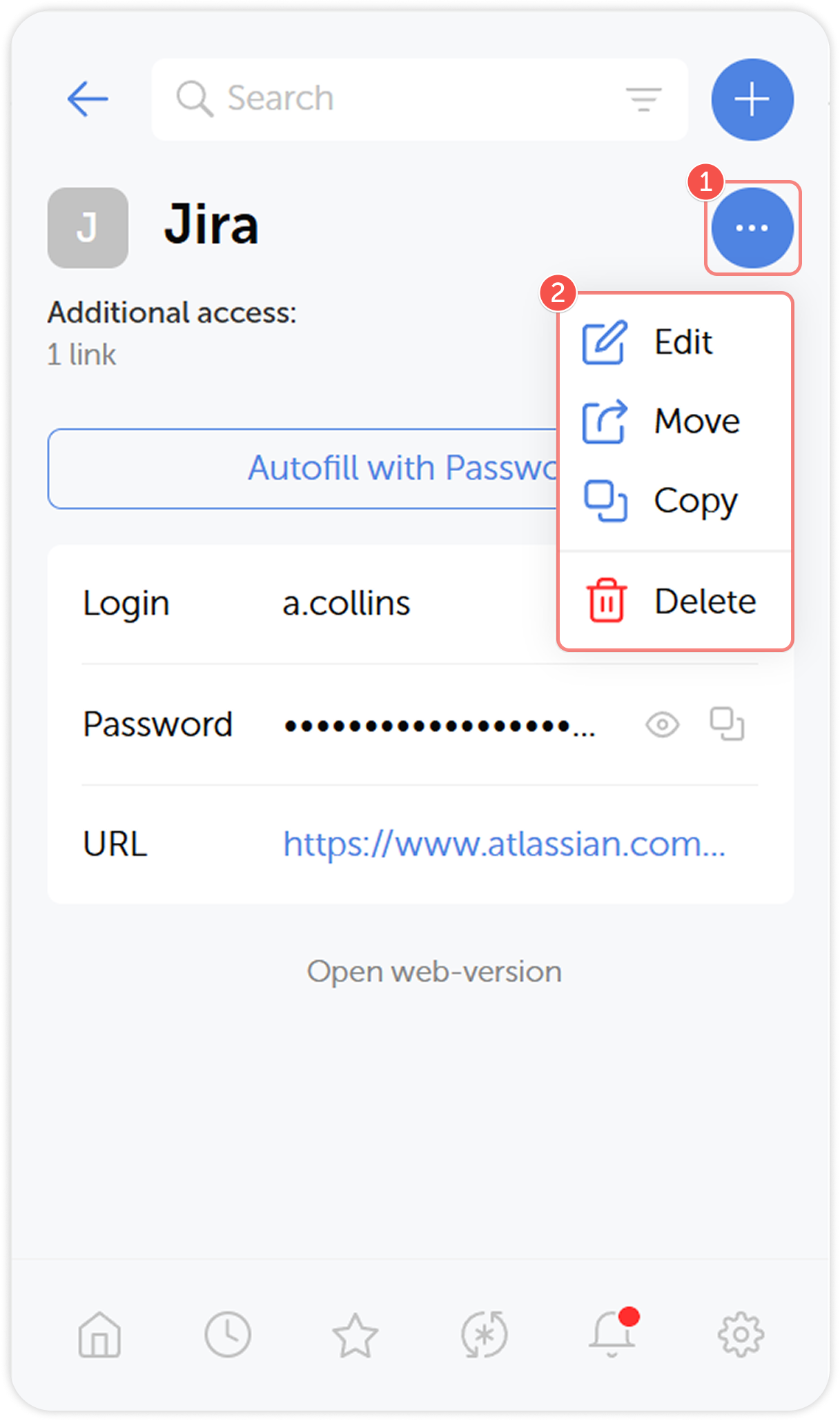 Password actions menu