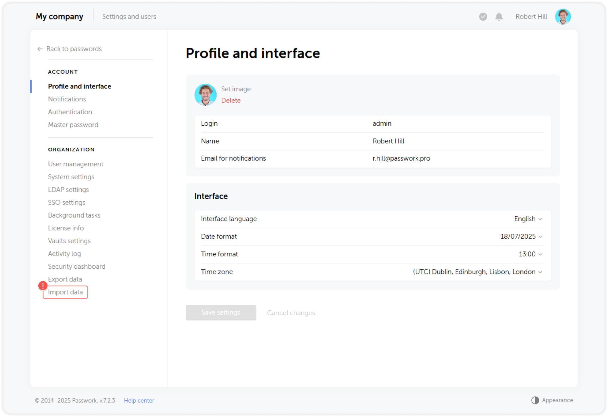 Import data button in Account settings