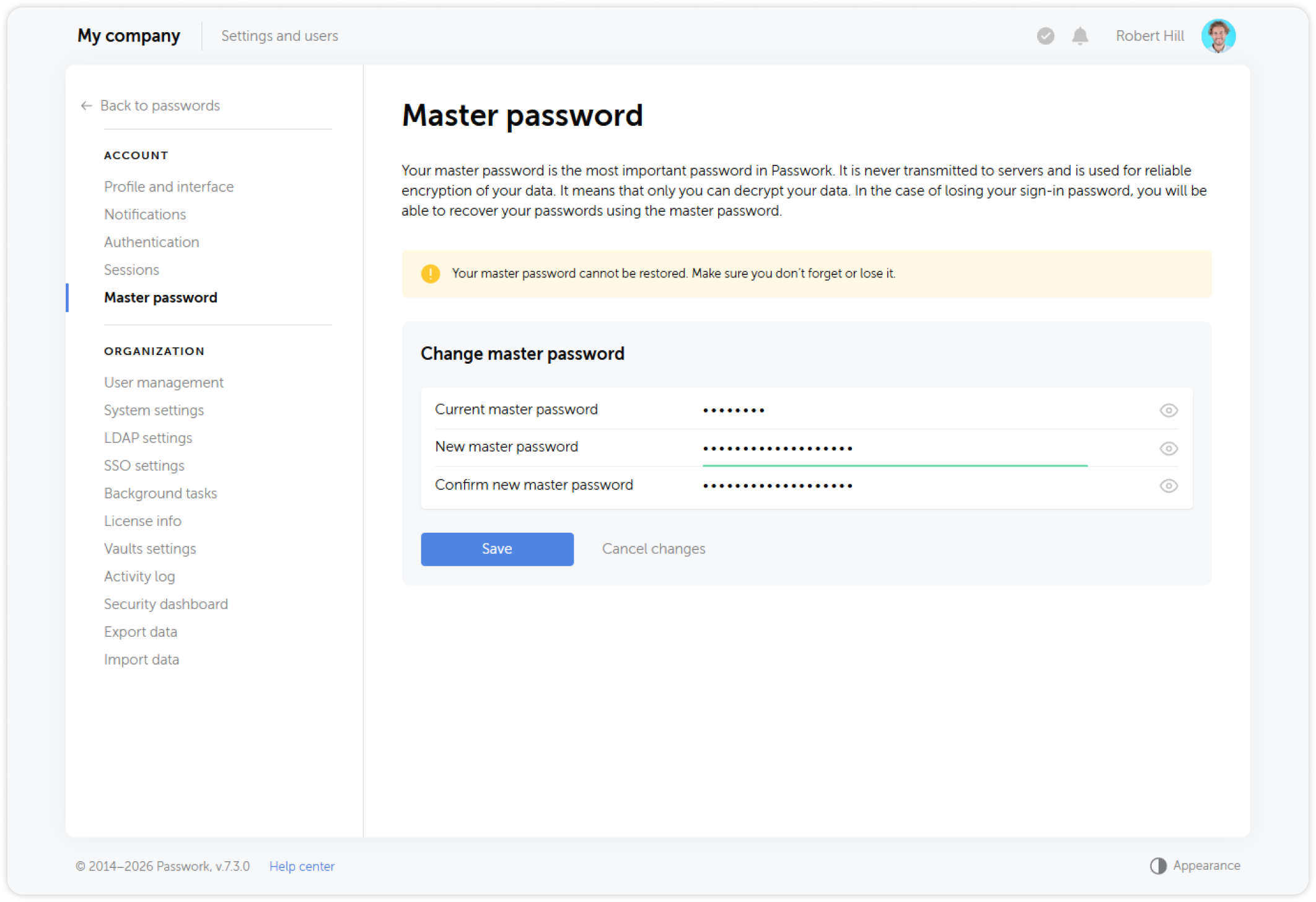 Changing master password