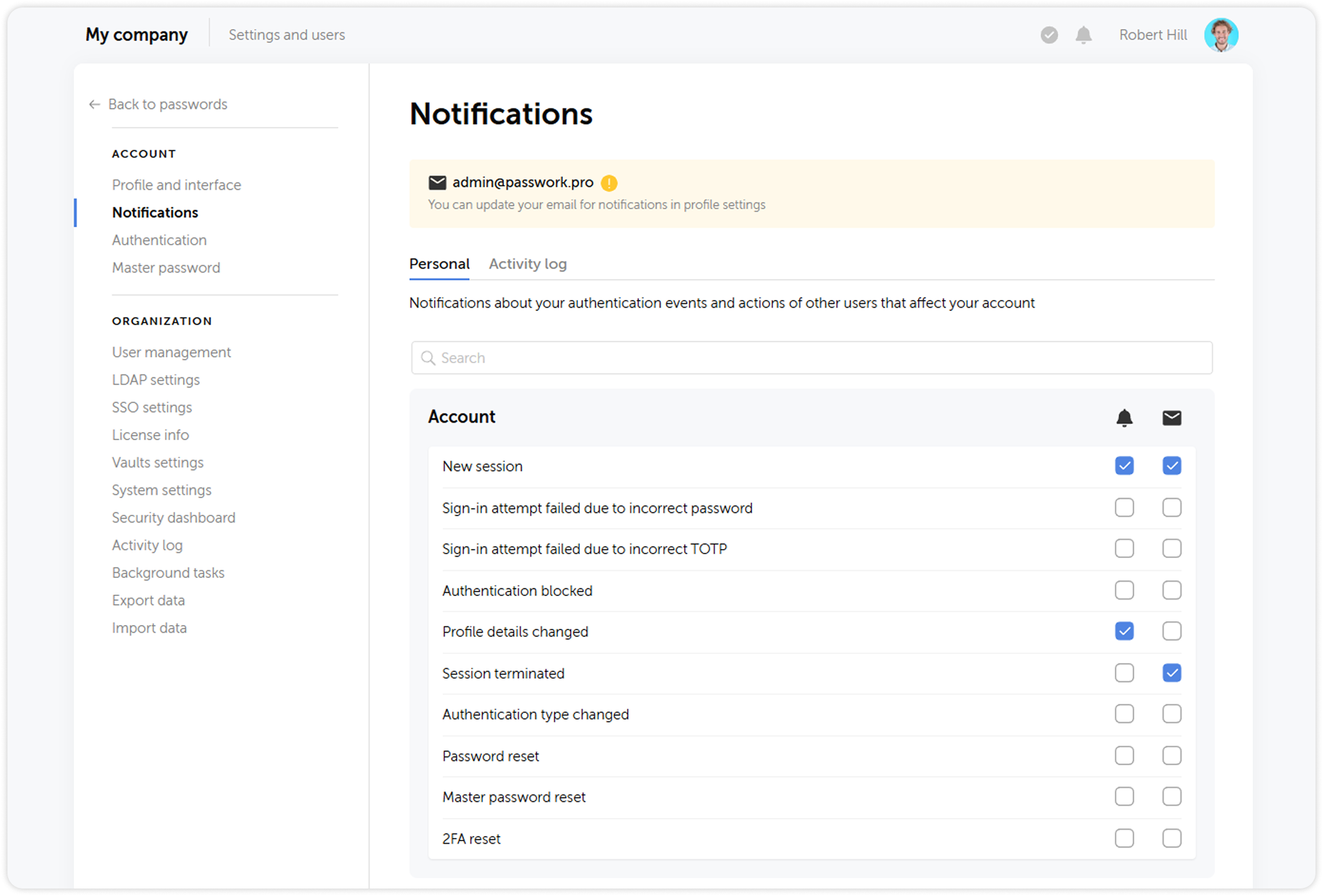 Notification settings page
