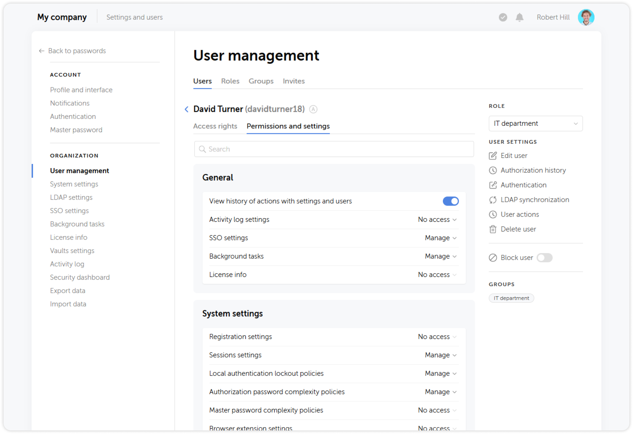 Permissions and settings tab