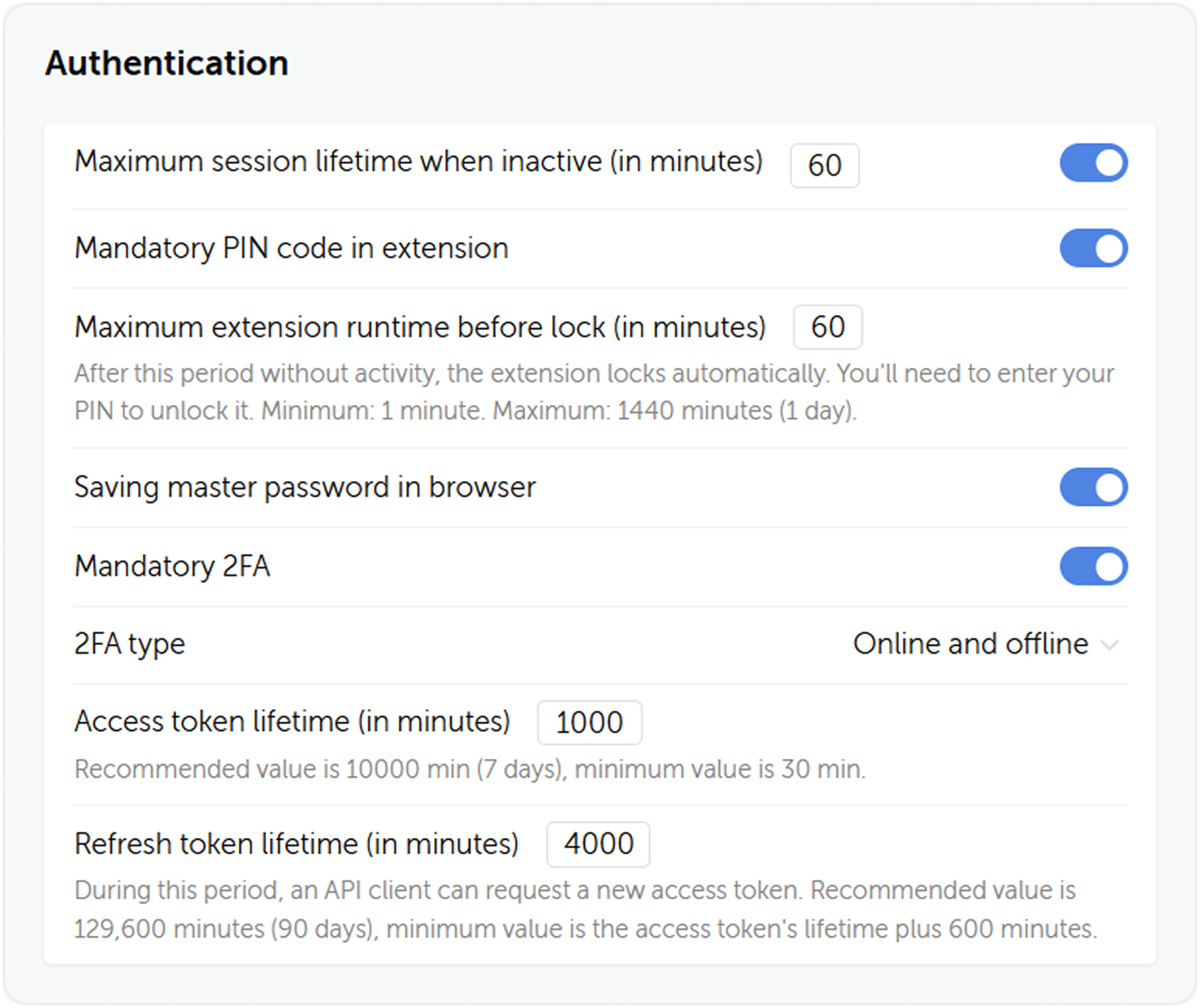 Authorization and 2FA settings