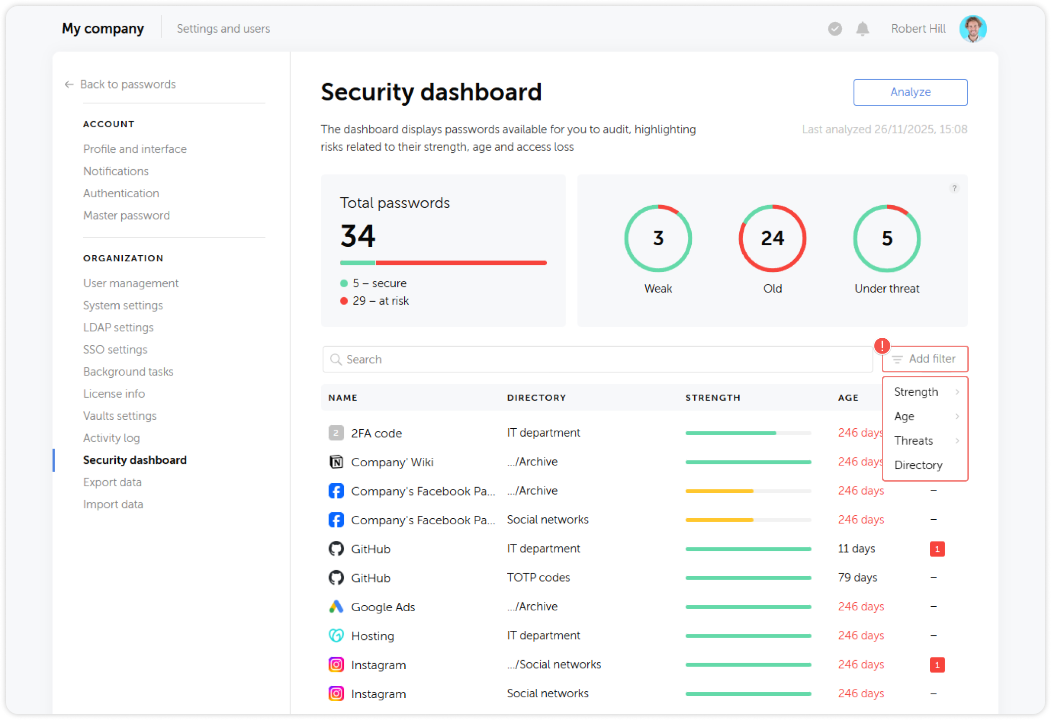 Filter dropdown menu