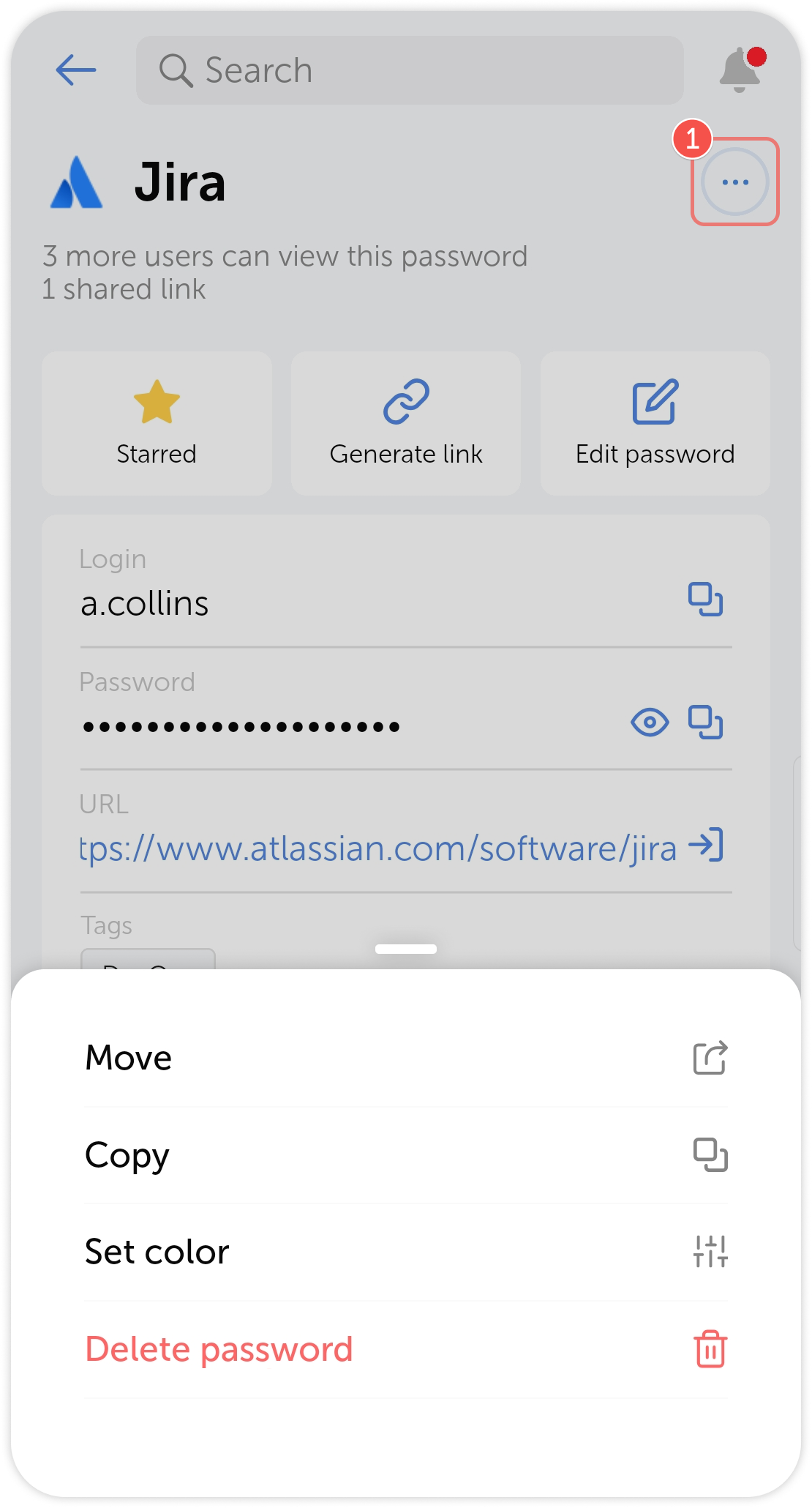 Password extra actions menu
