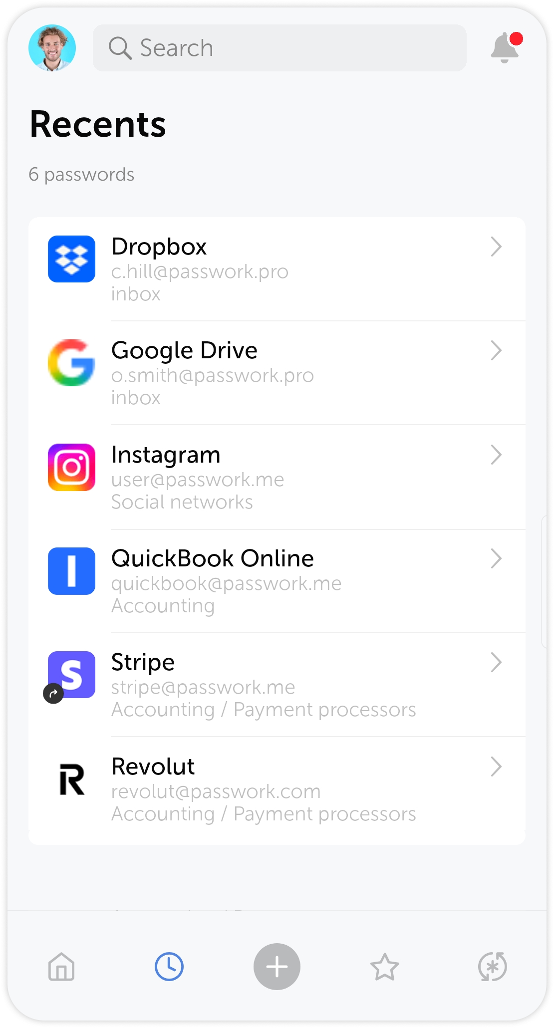 Recents screen showing recently used passwords