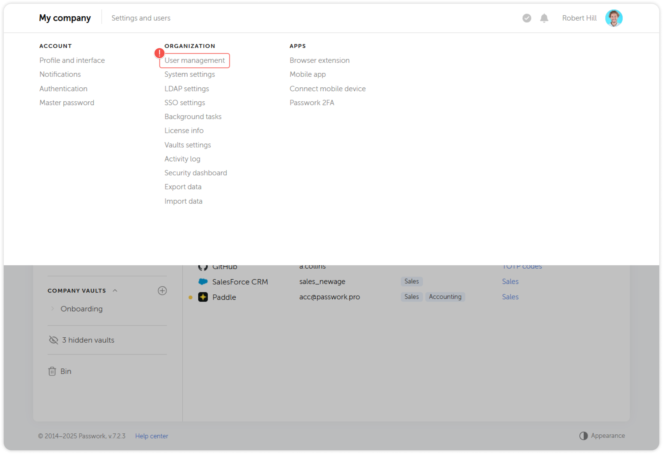 Menú de gestión de usuarios