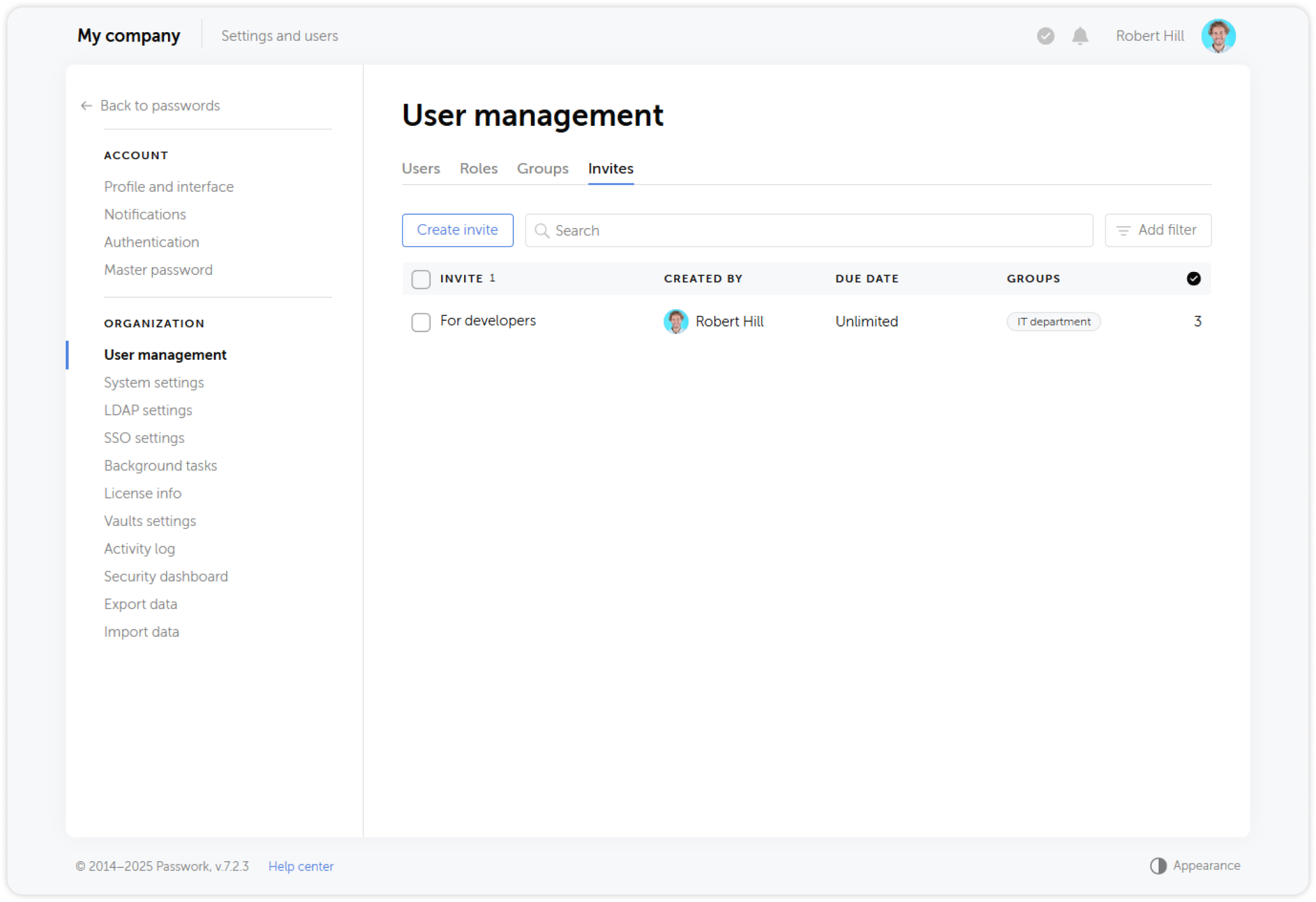 Pestaña de invitaciones