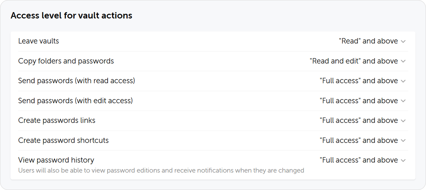 Zugangslevel für Tresoraktionen
